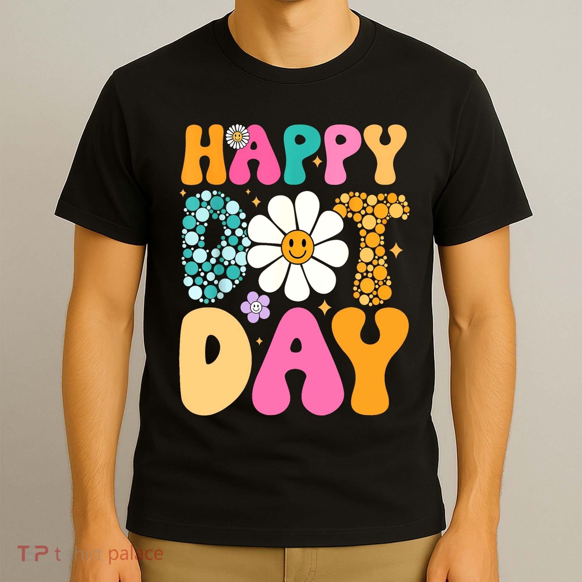 Polka Dot Hippie Flowers Smile Face Groovy Teacher Happy Dot Day Gift T-Shirt