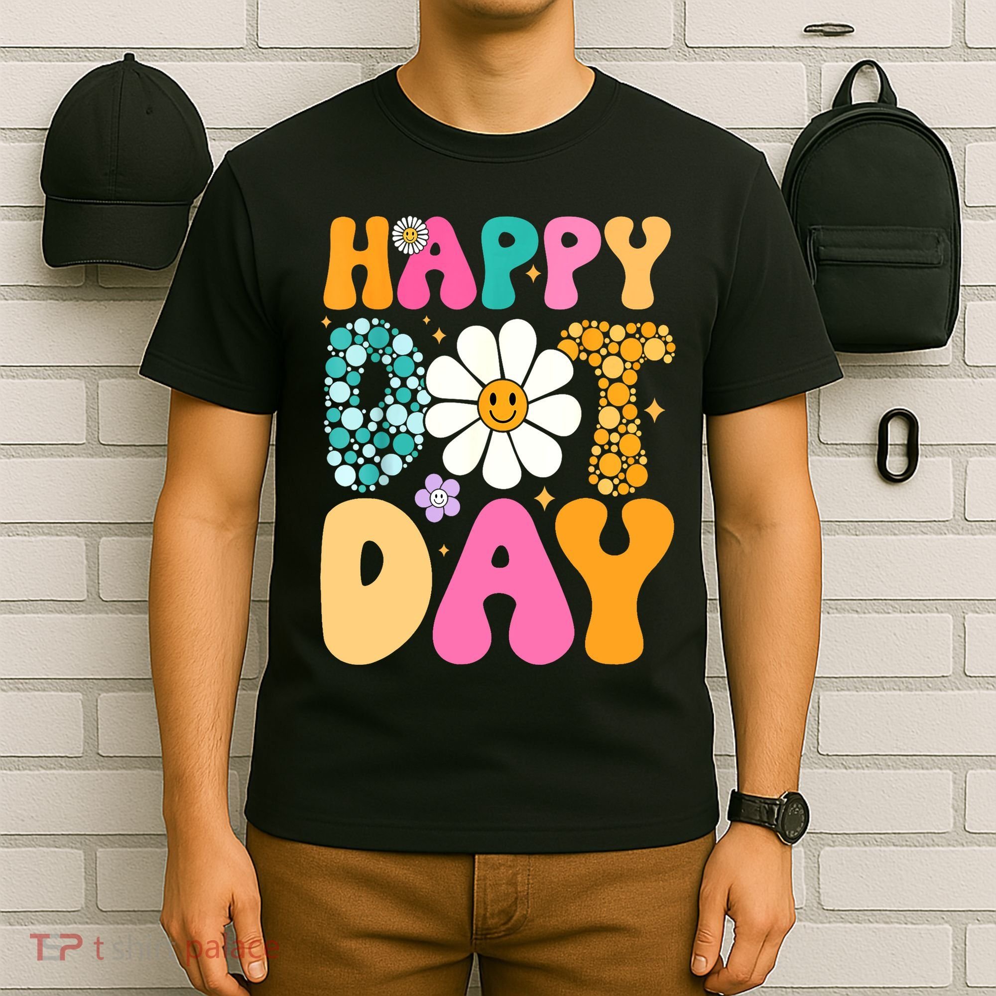 Polka Dot Hippie Flowers Smile Face Groovy Teacher Happy Dot Day Gift T-Shirt