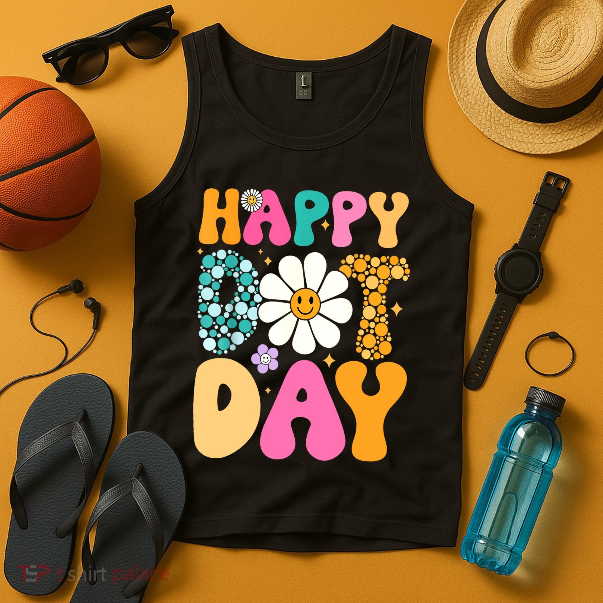 Polka Dot Hippie Flowers Smile Face Groovy Teacher Happy Dot Day Gift Tank Top
