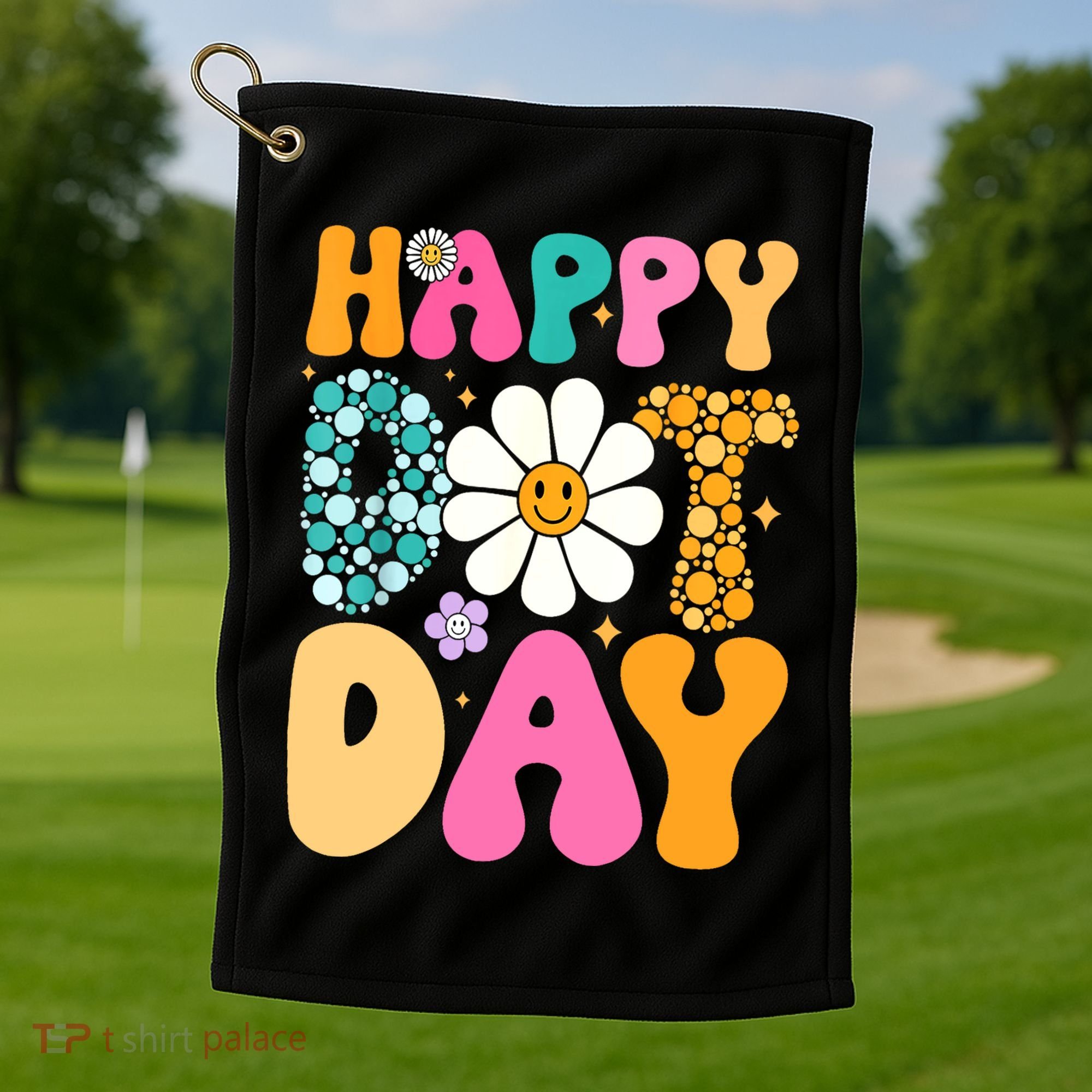 Polka Dot Hippie Flowers Smile Face Groovy Teacher Happy Dot Day Gift Golf Towel