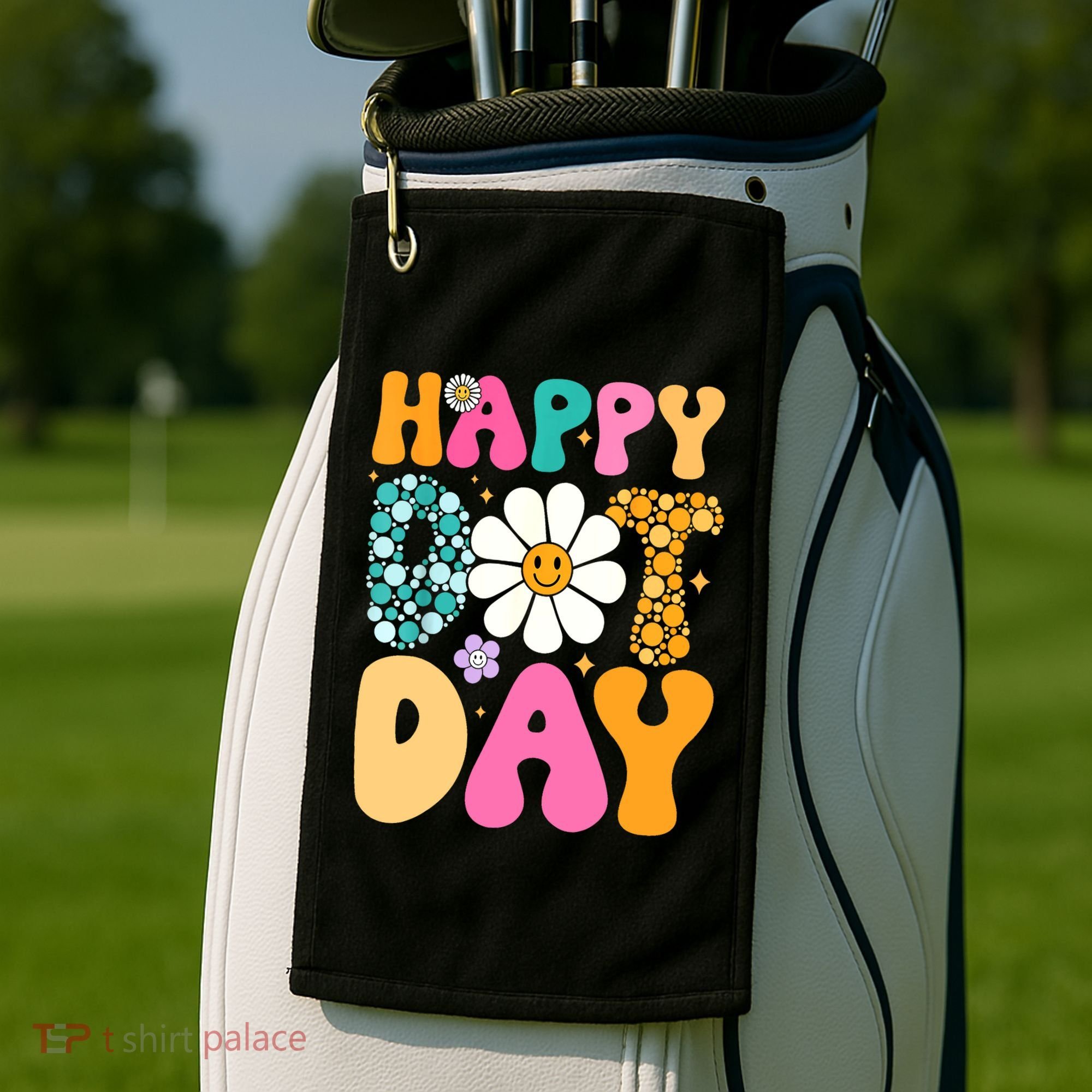 Polka Dot Hippie Flowers Smile Face Groovy Teacher Happy Dot Day Gift Golf Towel
