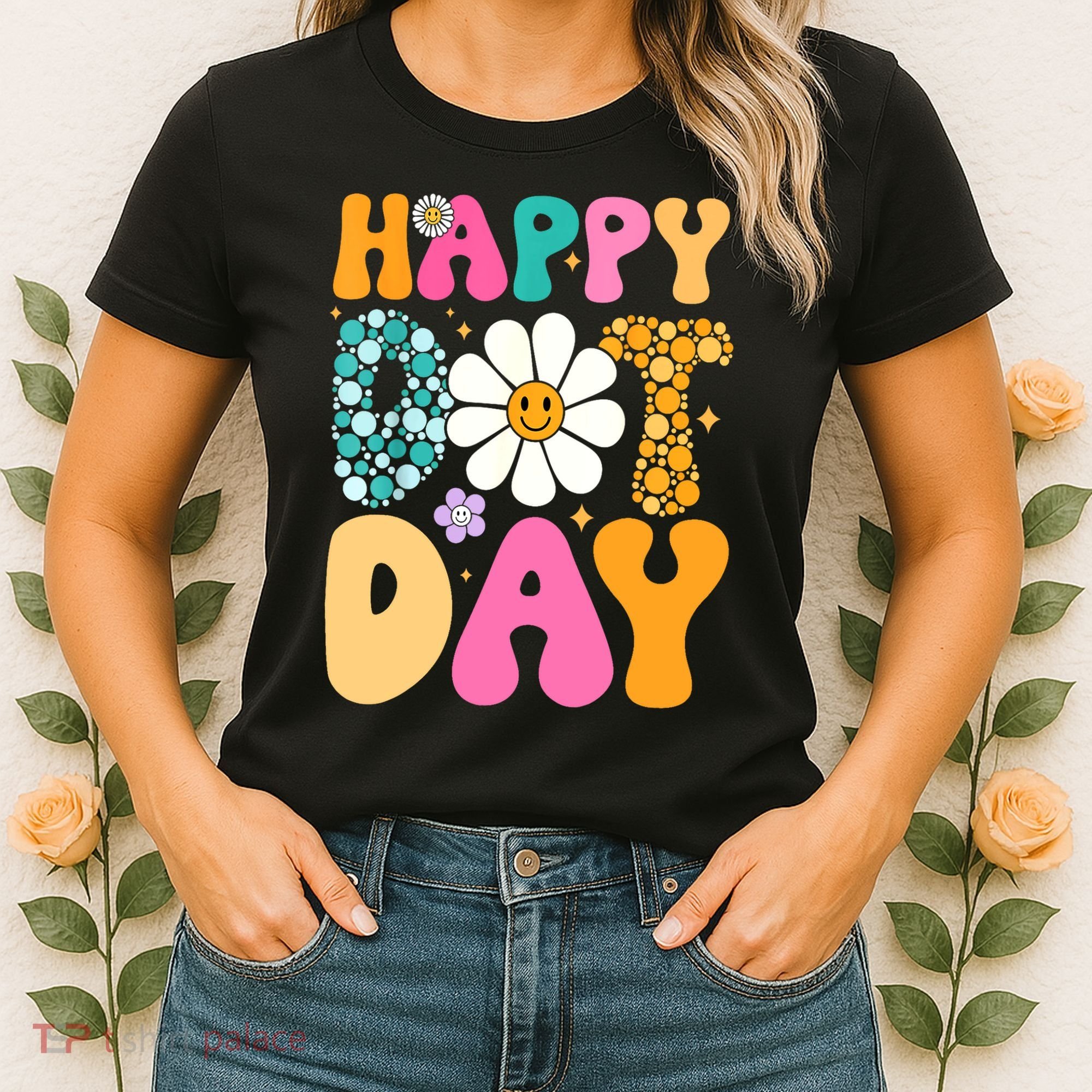 Polka Dot Hippie Flowers Smile Face Groovy Teacher Happy Dot Day Gift Women's T-Shirt