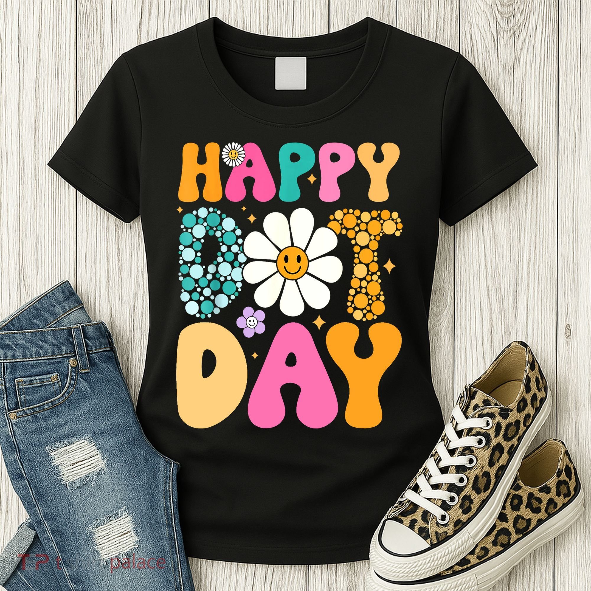 Polka Dot Hippie Flowers Smile Face Groovy Teacher Happy Dot Day Gift Women's T-Shirt