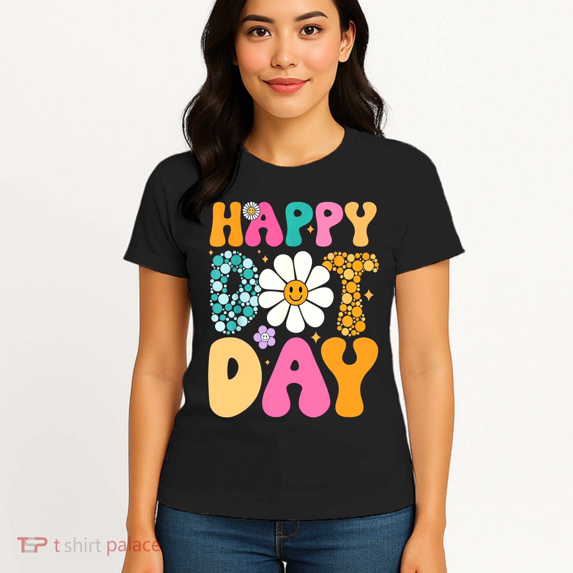 Polka Dot Hippie Flowers Smile Face Groovy Teacher Happy Dot Day Gift Women's T-Shirt