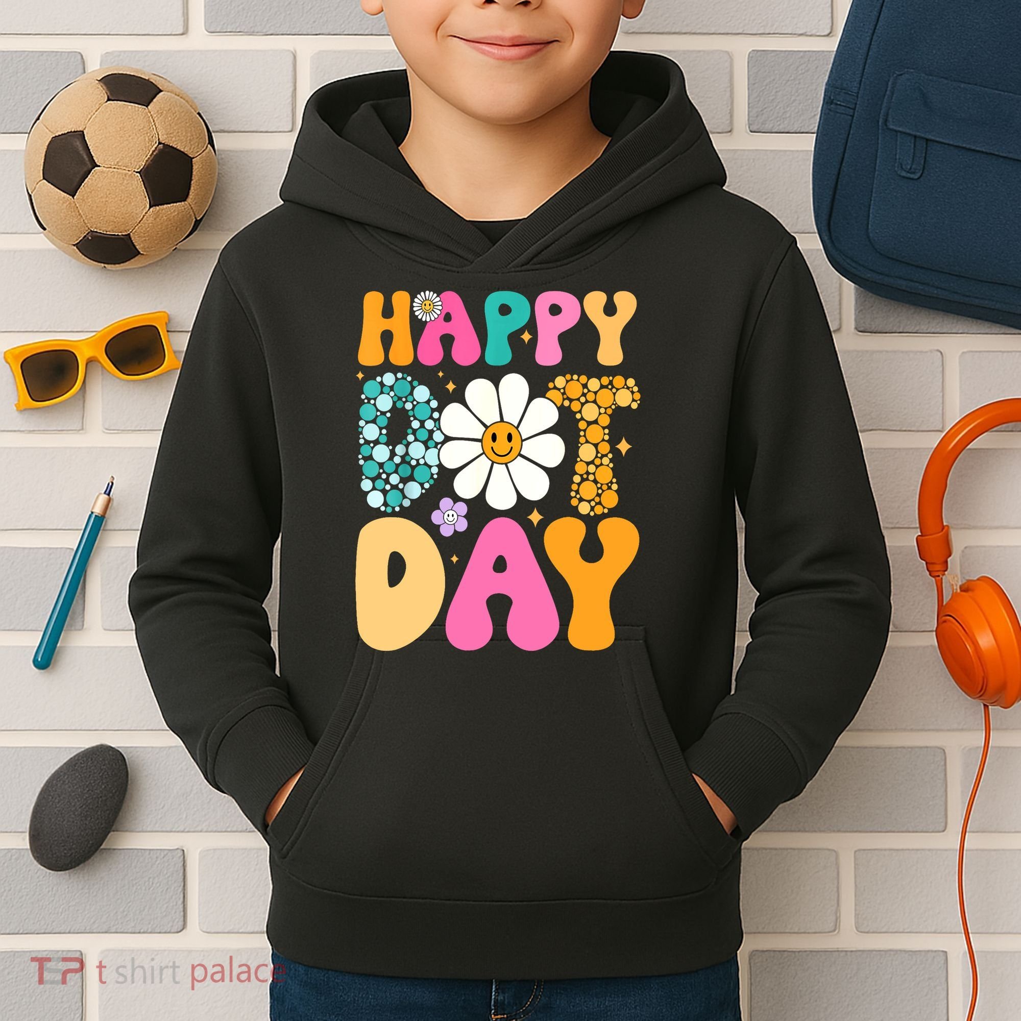 Polka Dot Hippie Flowers Smile Face Groovy Teacher Happy Dot Day Gift Kids Hoodie
