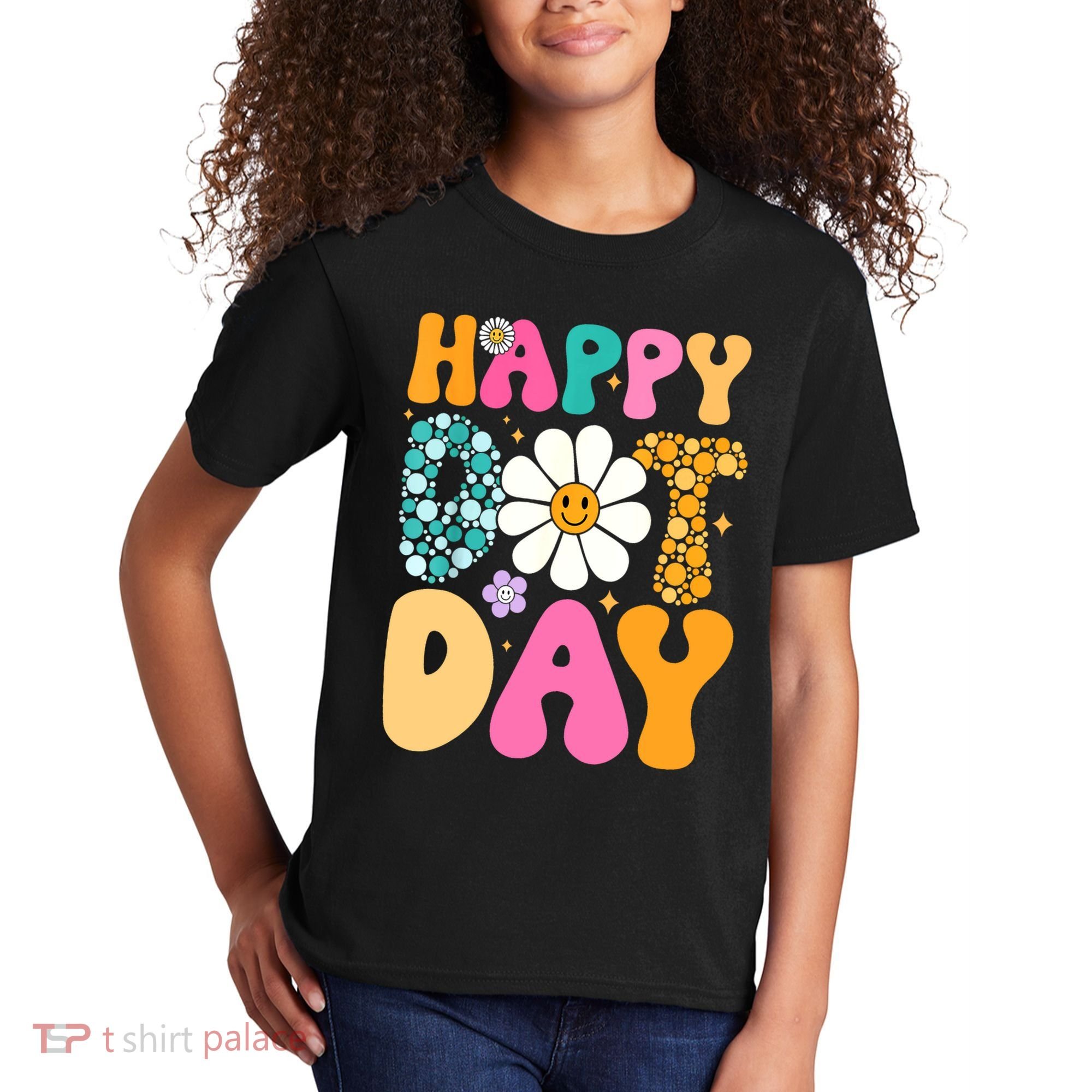 Polka Dot Hippie Flowers Smile Face Groovy Teacher Happy Dot Day Gift Kids T-Shirt