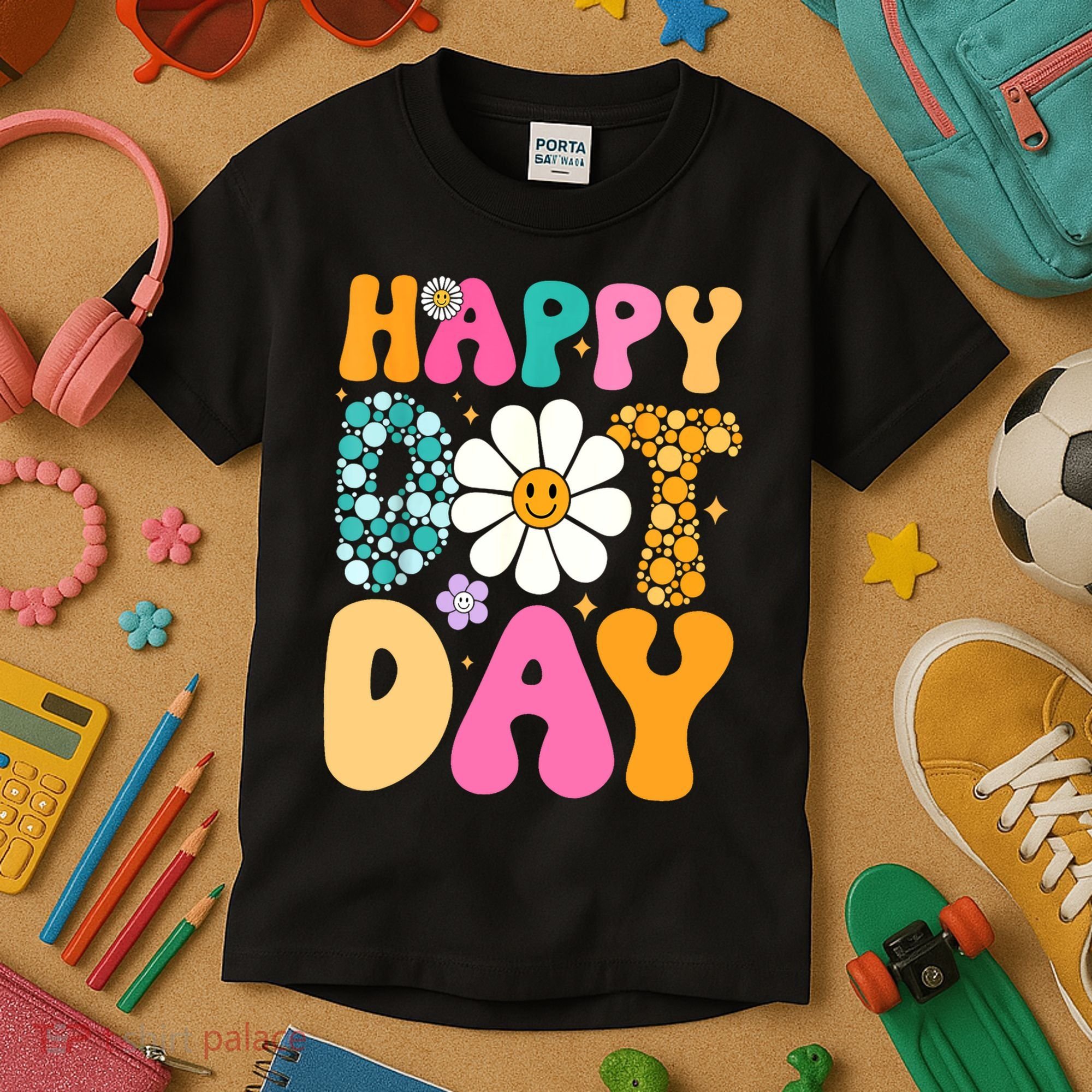Polka Dot Hippie Flowers Smile Face Groovy Teacher Happy Dot Day Gift Kids T-Shirt