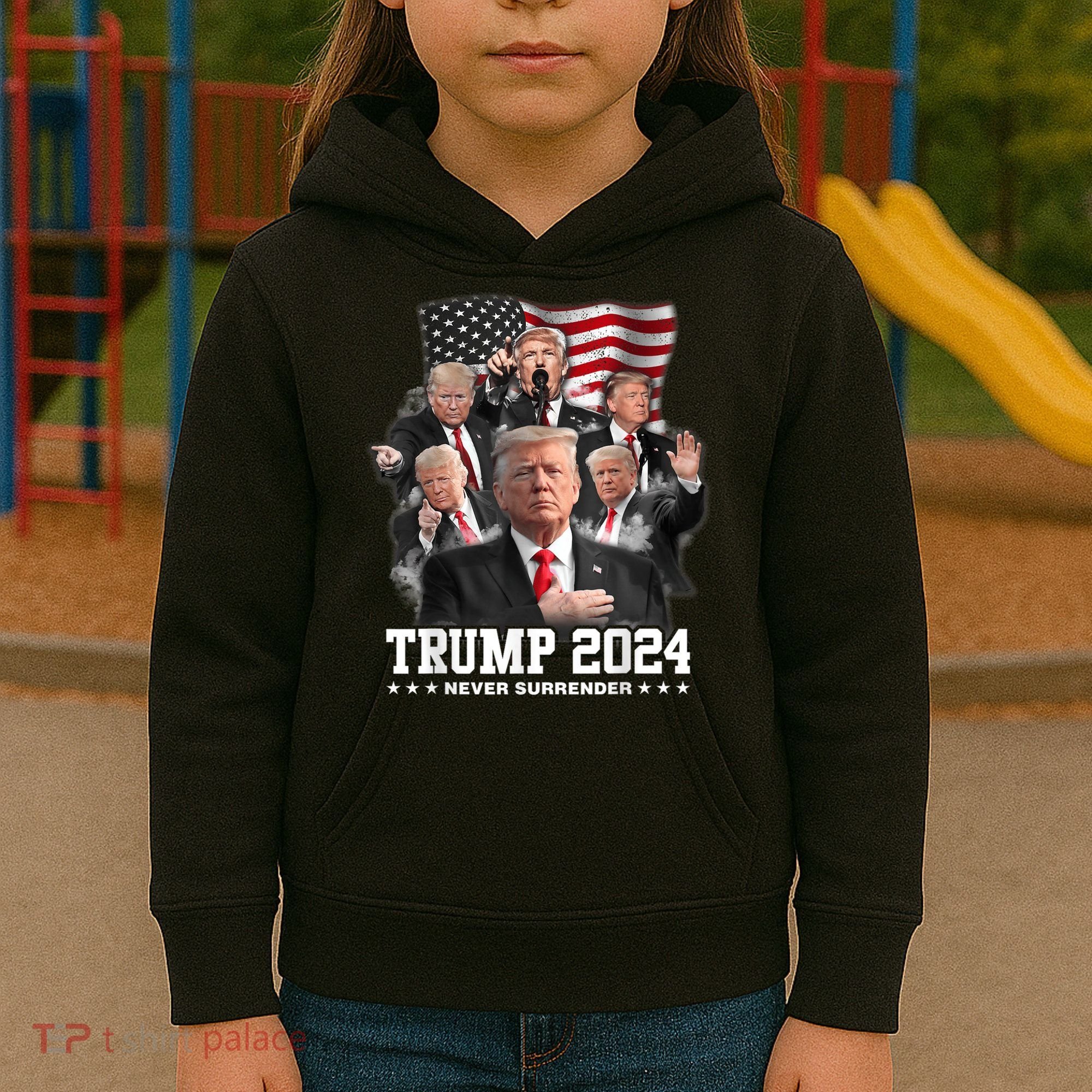 President Donald J Trump 2024 Never Surrender Kids Hoodie
