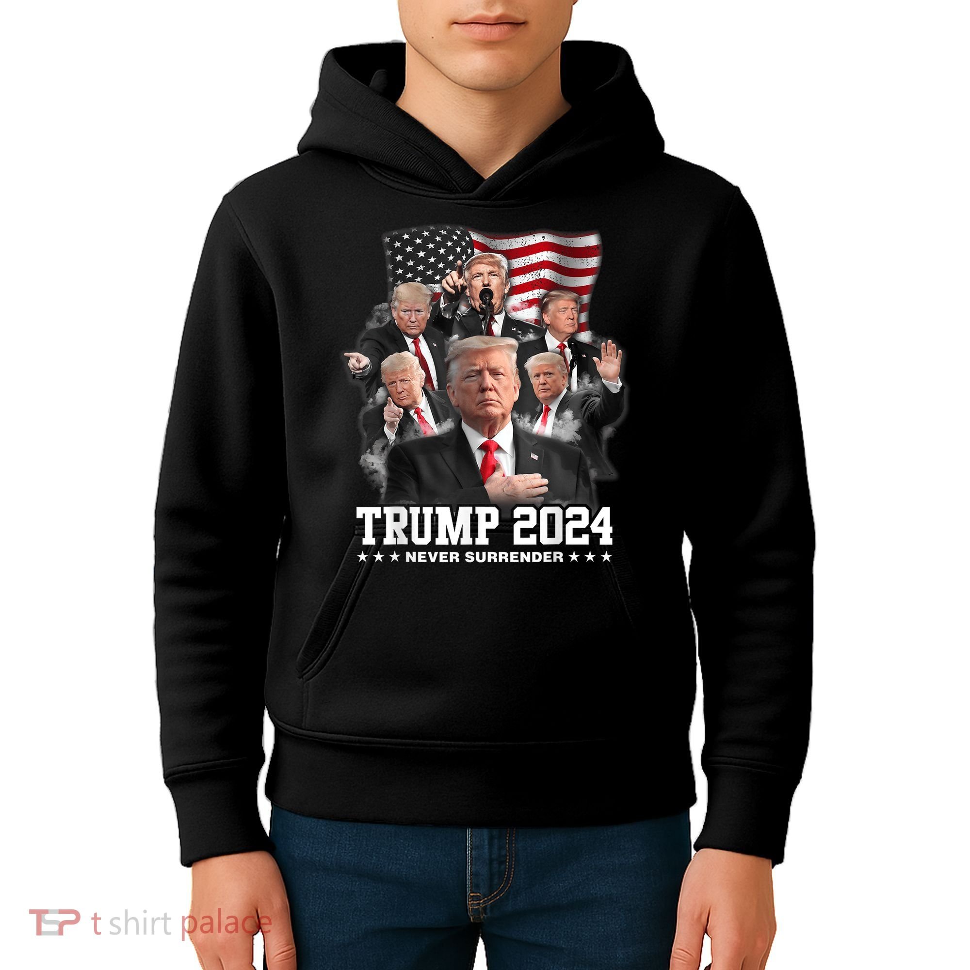 President Donald J Trump 2024 Never Surrender Kids Hoodie