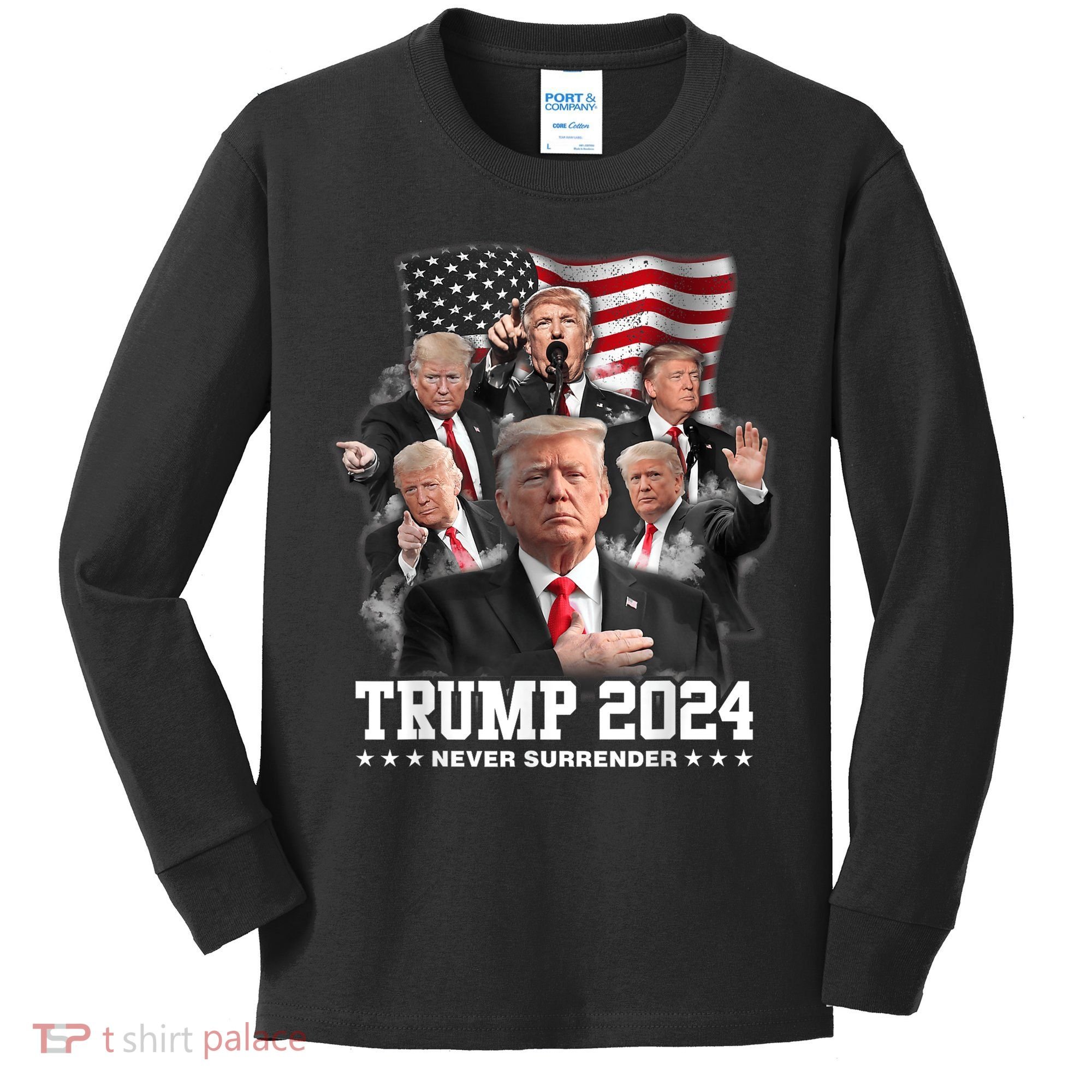 President Donald J Trump 2024 Never Surrender Kids Long Sleeve Shirt