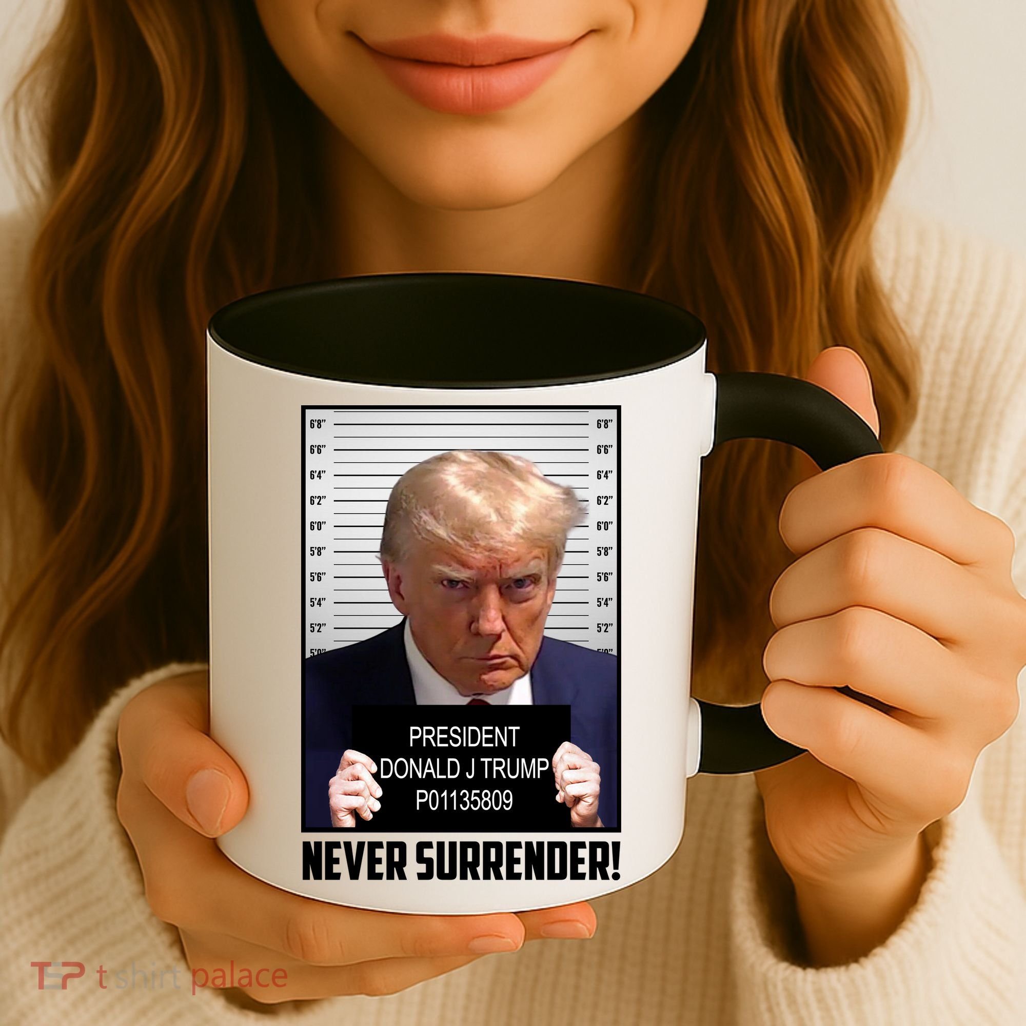 President Donald J Trump Mugshot Never Surrender Coffee Mug