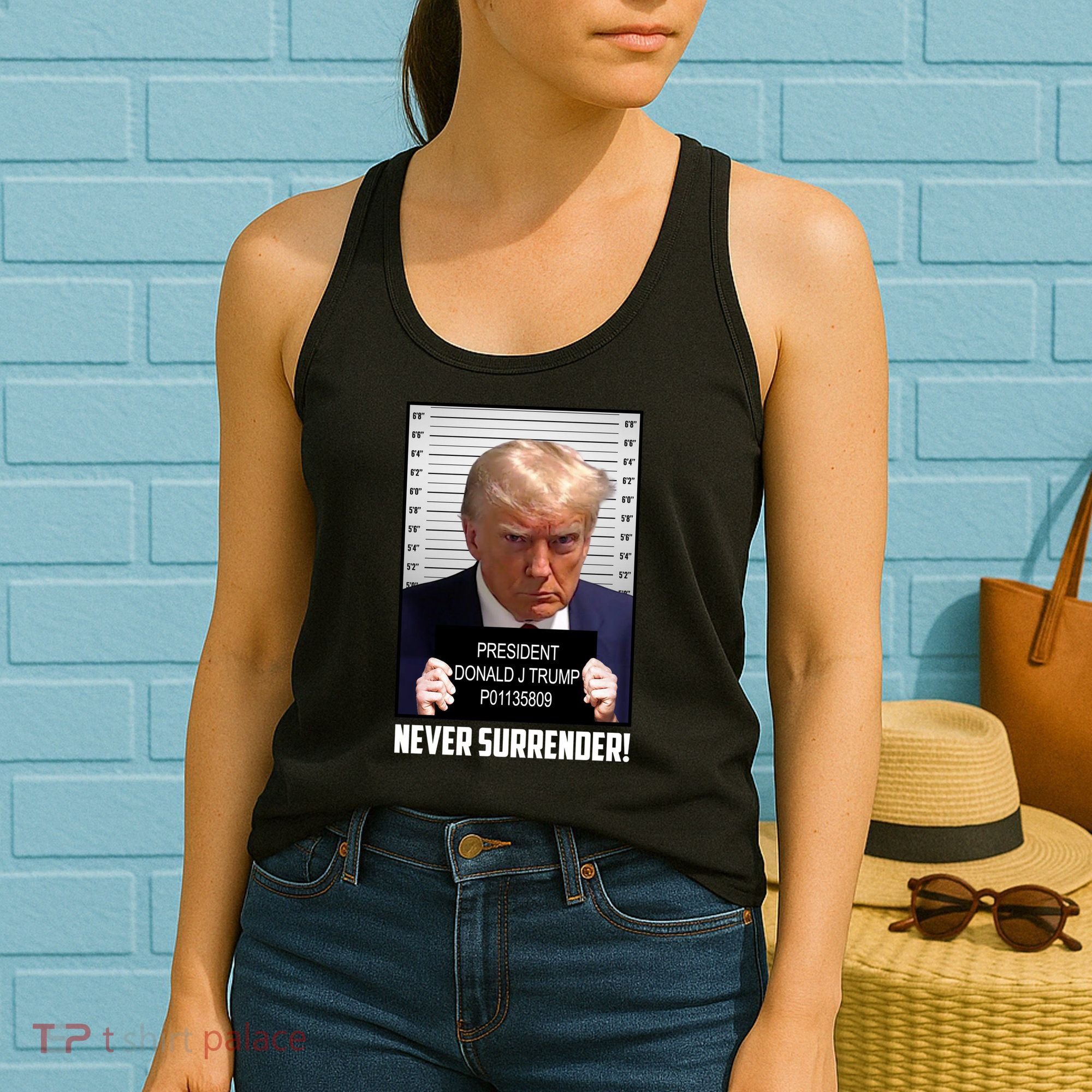 President Donald J Trump Mugshot Never Surrender Women's Tank Top