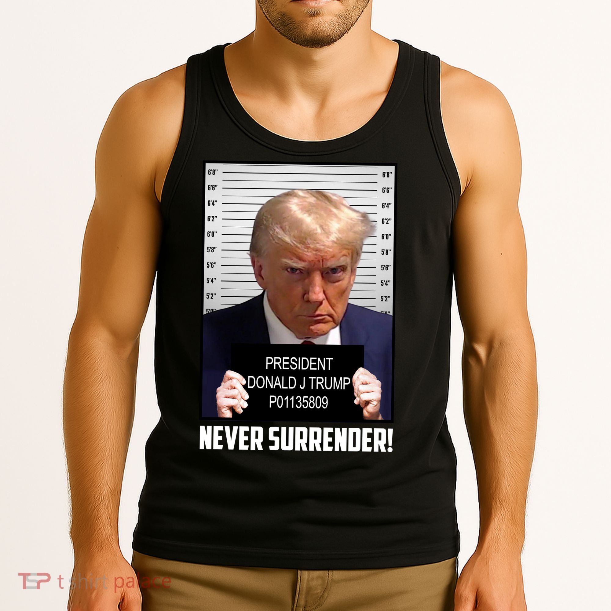 President Donald J Trump Mugshot Never Surrender Tank Top