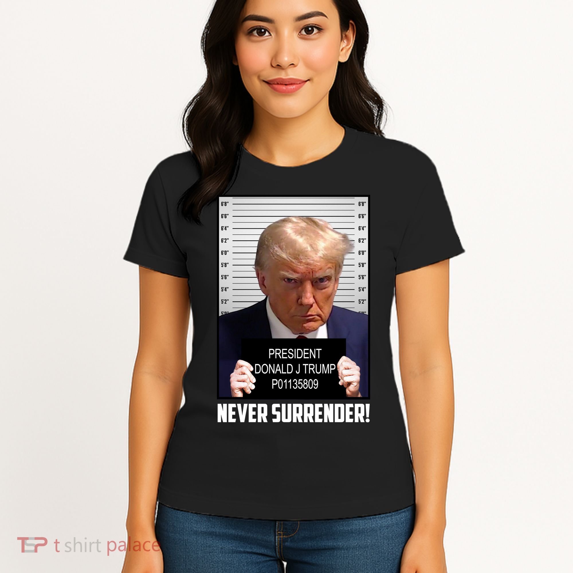 President Donald J Trump Mugshot Never Surrender Women's T-Shirt