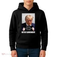President Donald J Trump Mugshot Never Surrender Kids Hoodie thumb 4