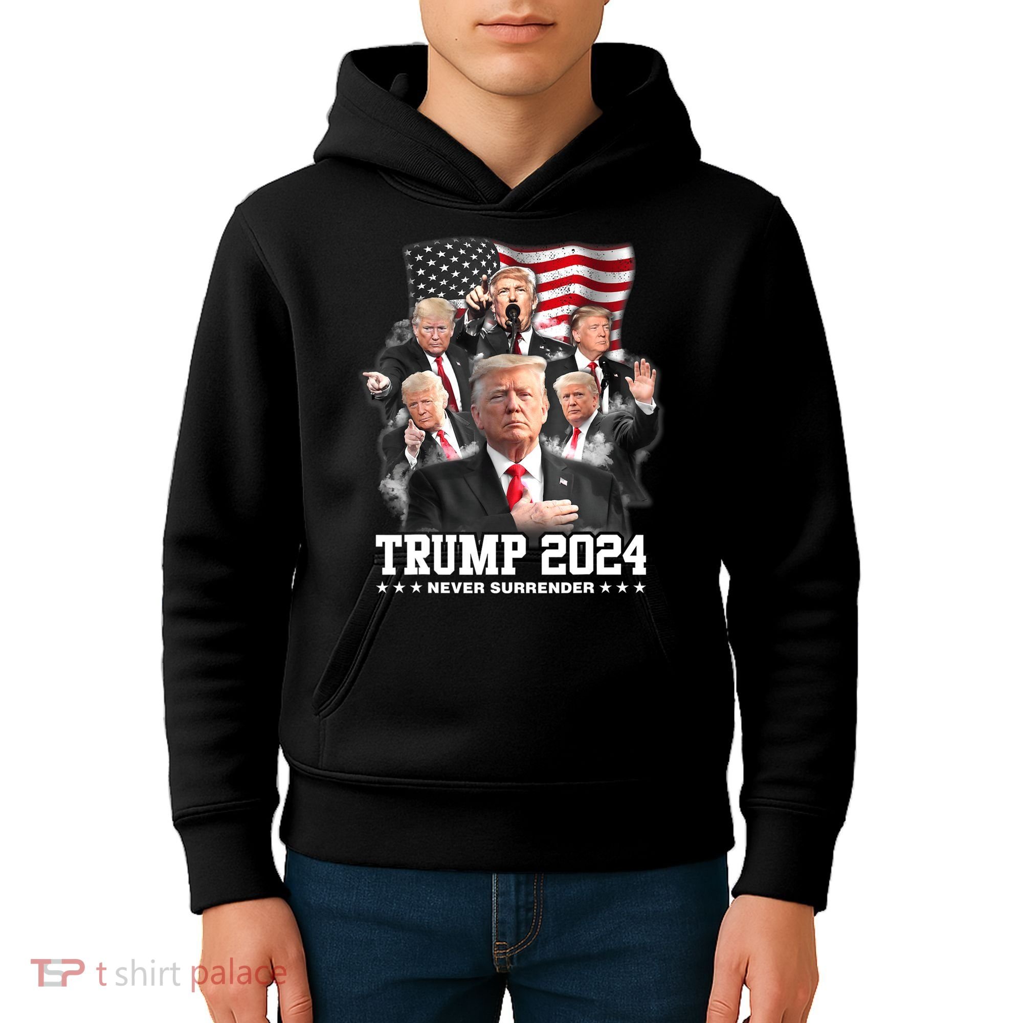 President Donald J Trump 2024 Never Surrender Kids Hoodie
