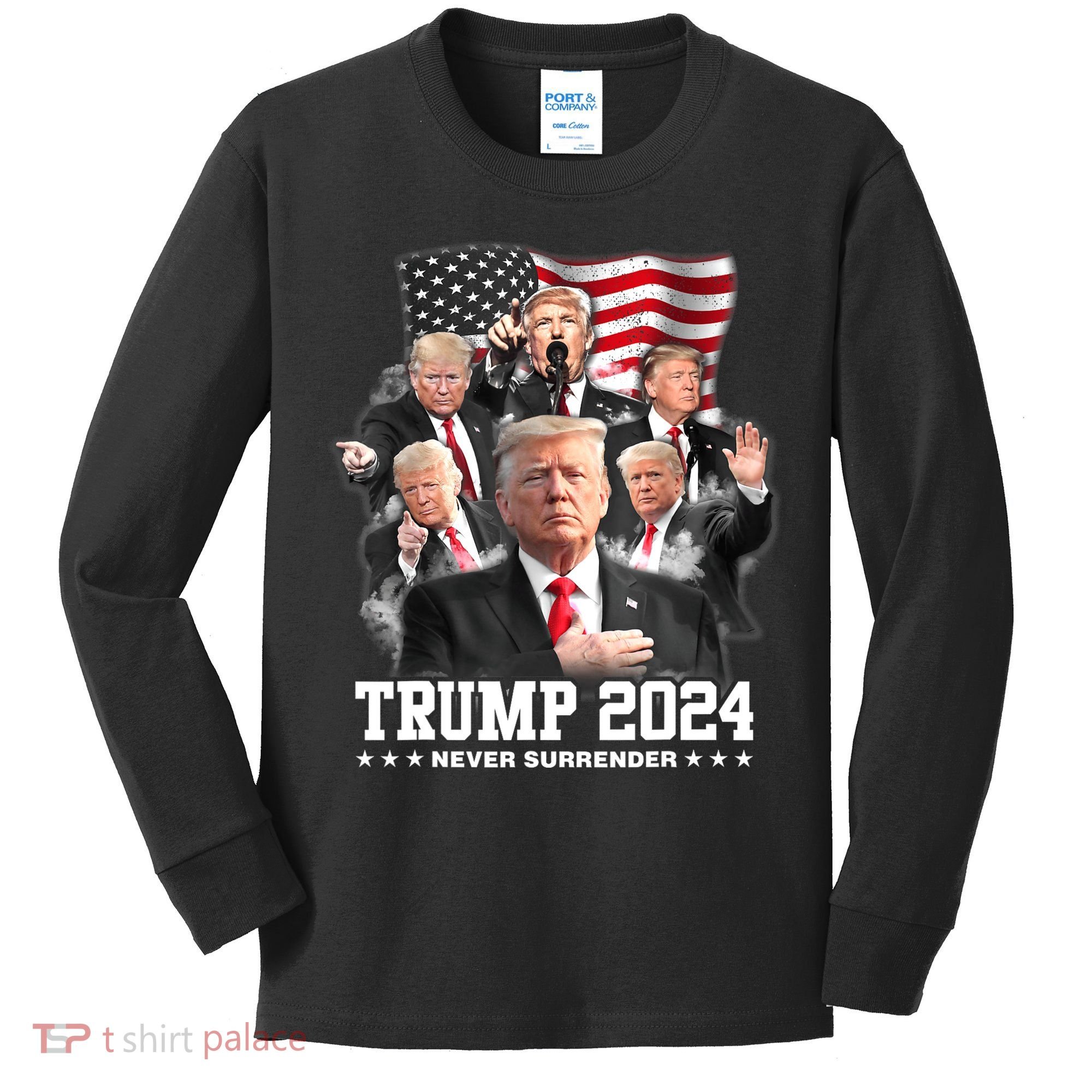 President Donald J Trump 2024 Never Surrender Kids Long Sleeve Shirt