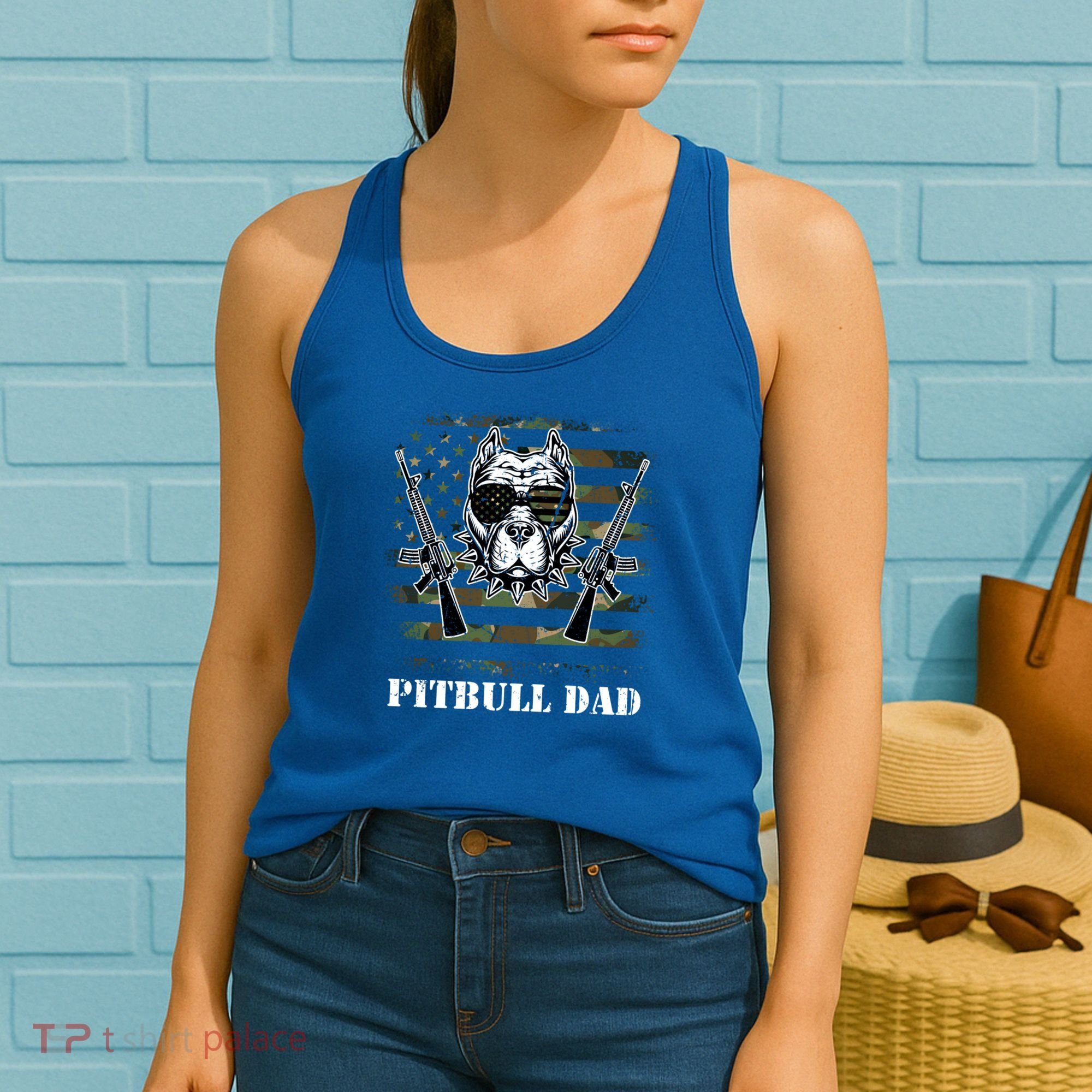 Pitbull Dad Like A Regular Dad But Cooler Guns American Flag Cute Gift Women's Tank Top