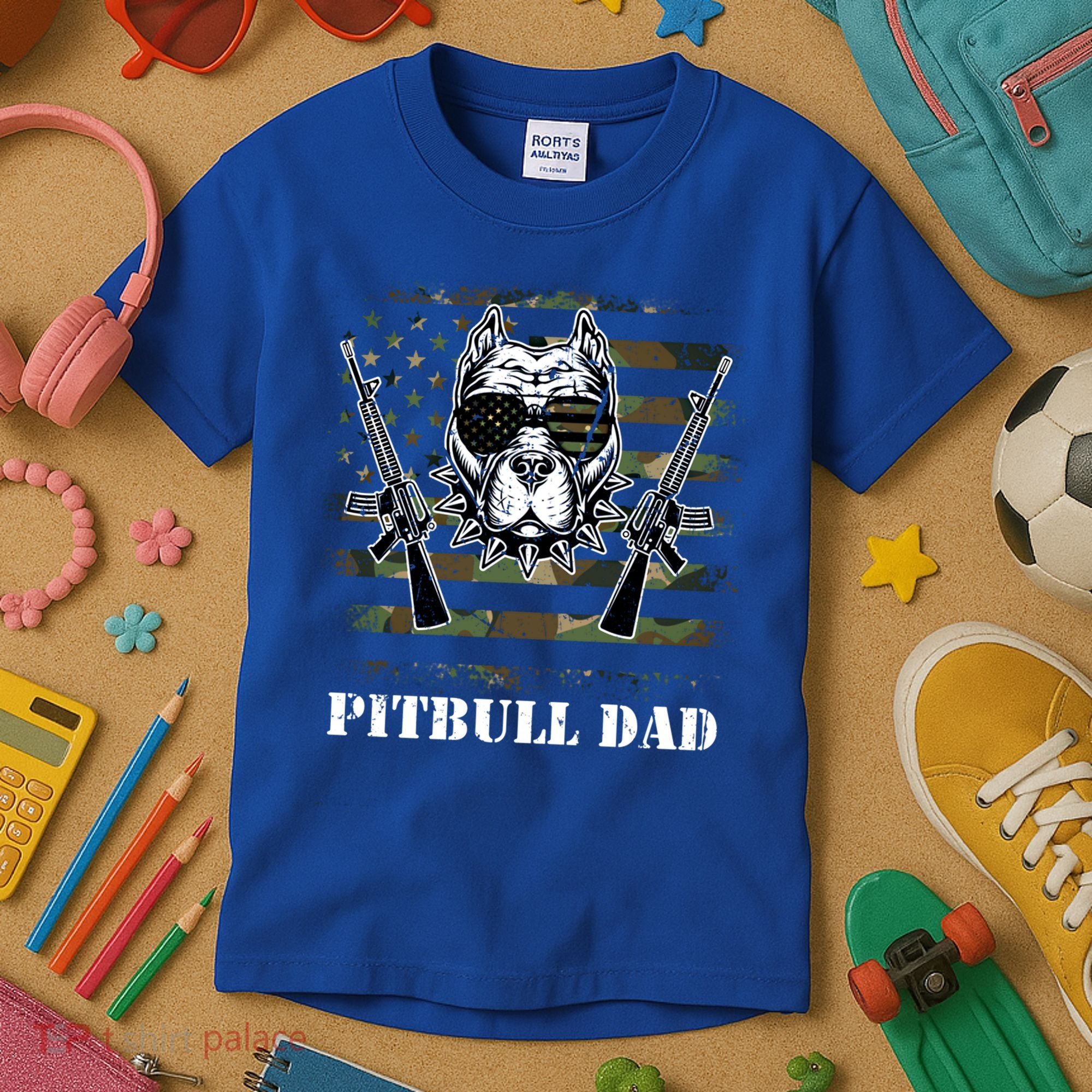 Pitbull Dad Like A Regular Dad But Cooler Guns American Flag Cute Gift Kids T-Shirt