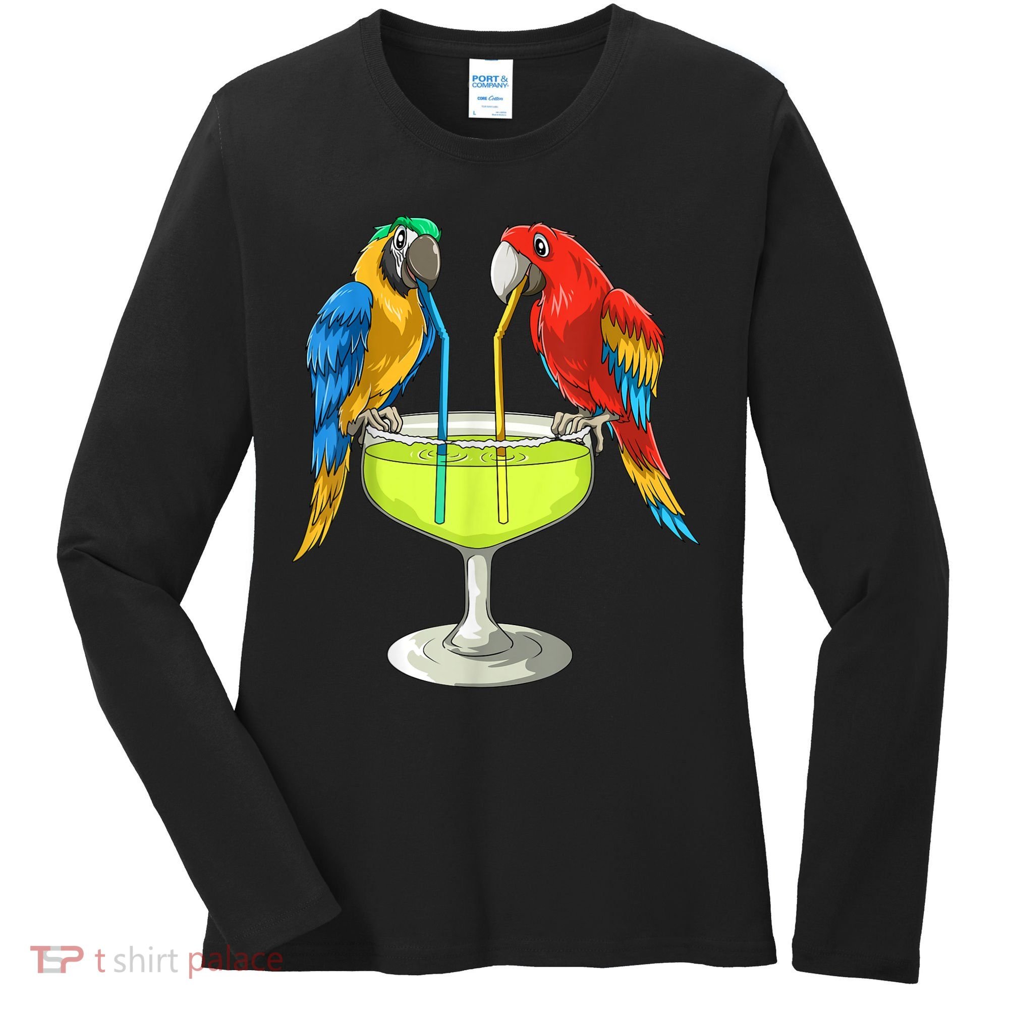 Parrots Drinking Margarita Hawaiian Vacation Beach Party Women's Long Sleeve Shirt