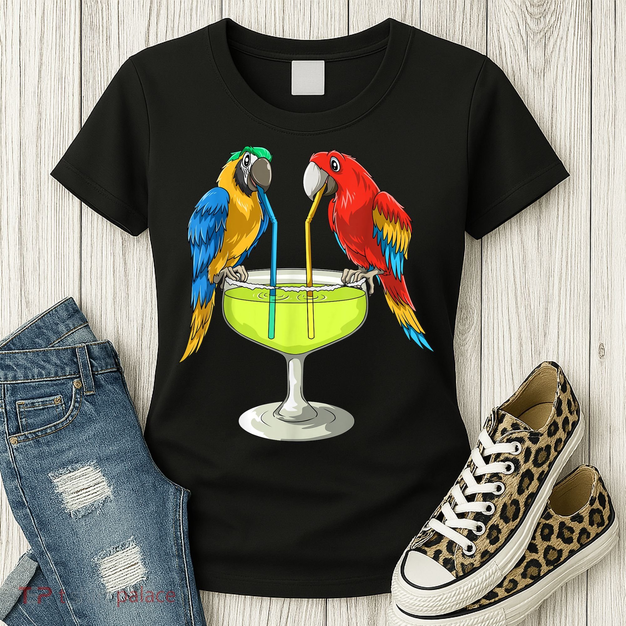 Parrots Drinking Margarita Hawaiian Vacation Beach Party Women's T-Shirt