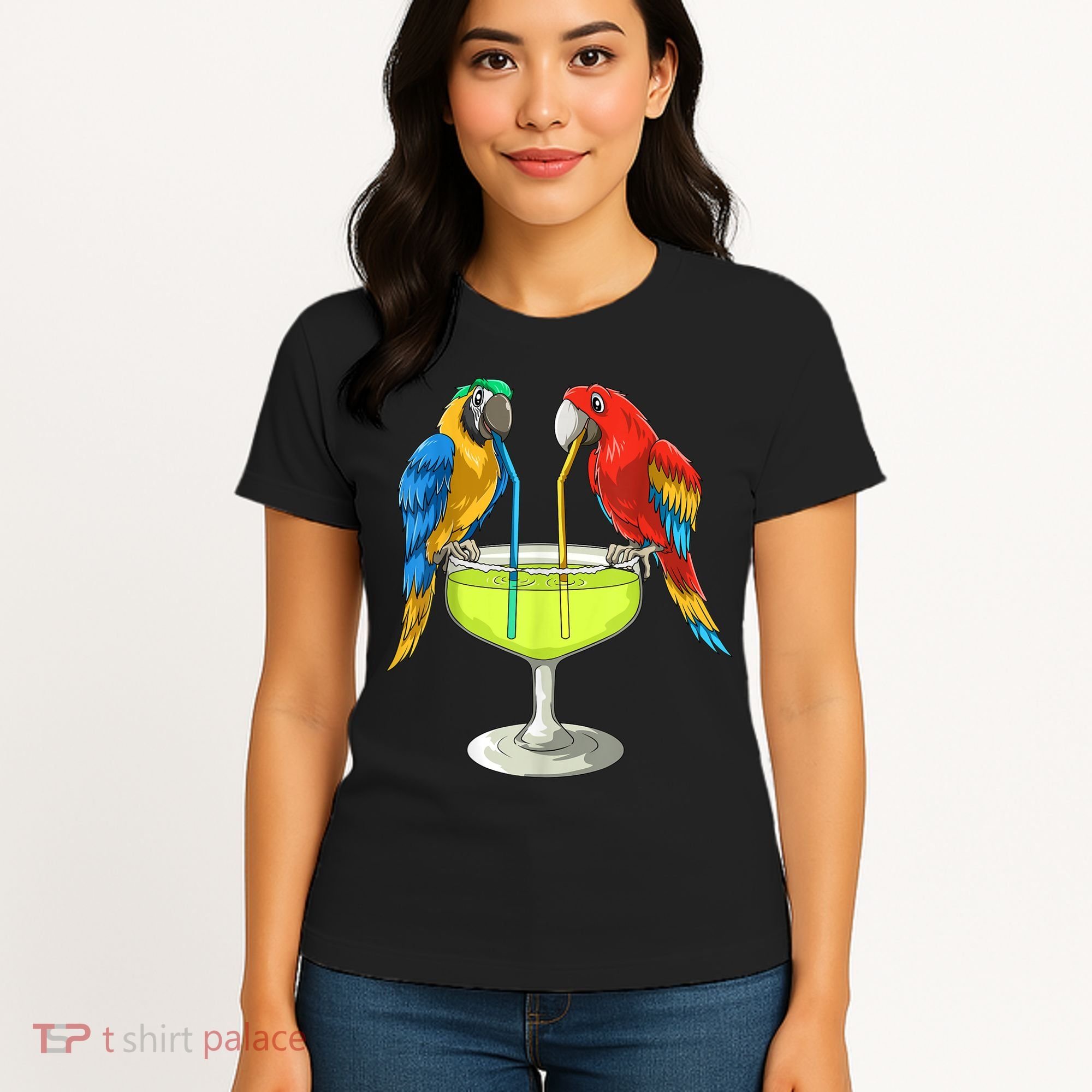 Parrots Drinking Margarita Hawaiian Vacation Beach Party Women's T-Shirt