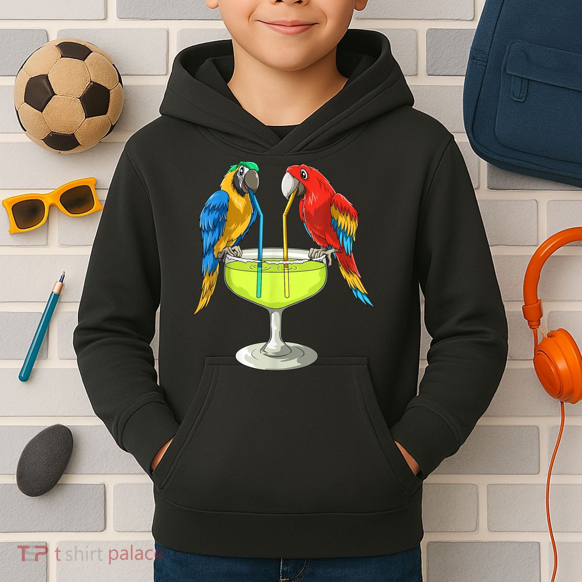 Parrots Drinking Margarita Hawaiian Vacation Beach Party Kids Hoodie