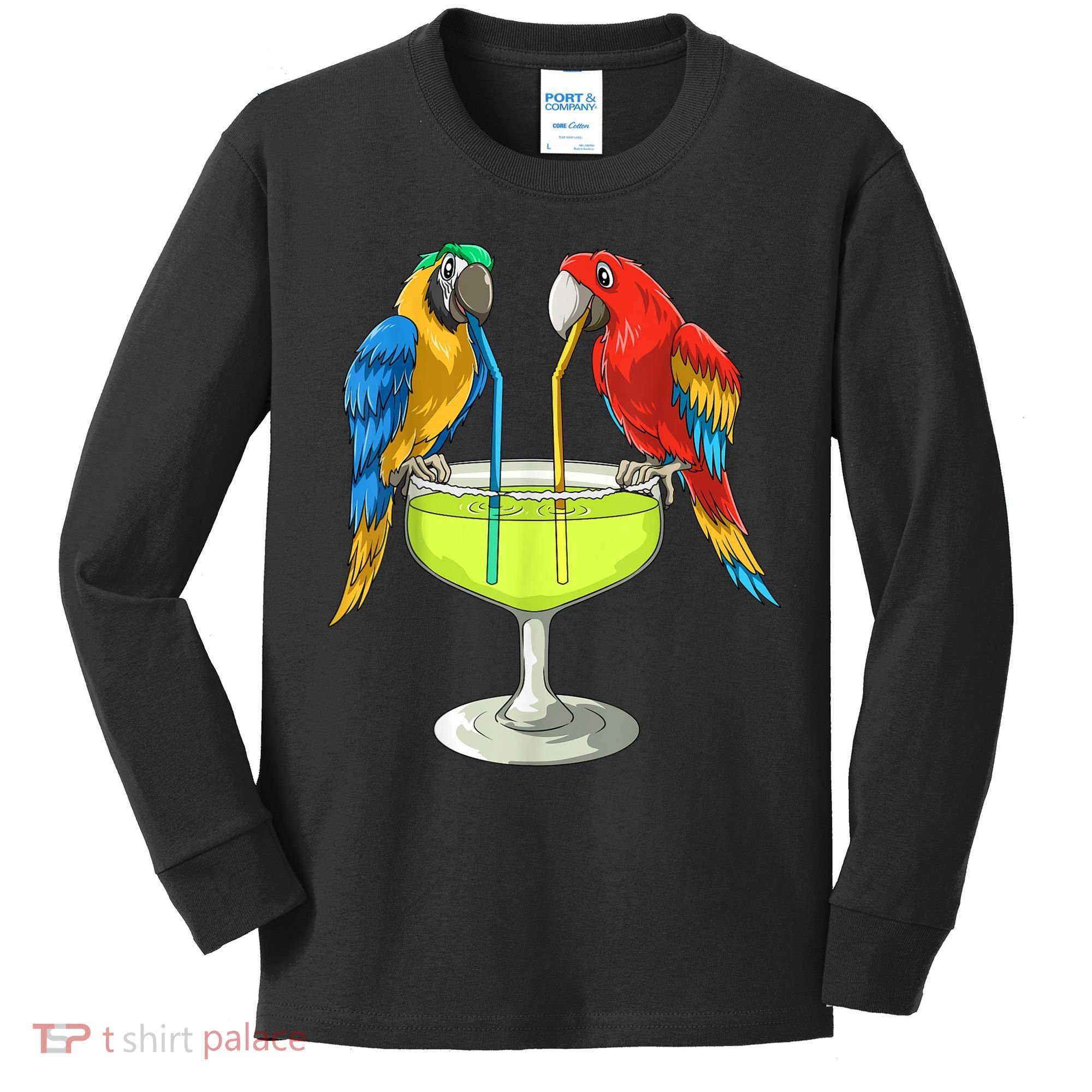 Parrots Drinking Margarita Hawaiian Vacation Beach Party Kids Long Sleeve Shirt
