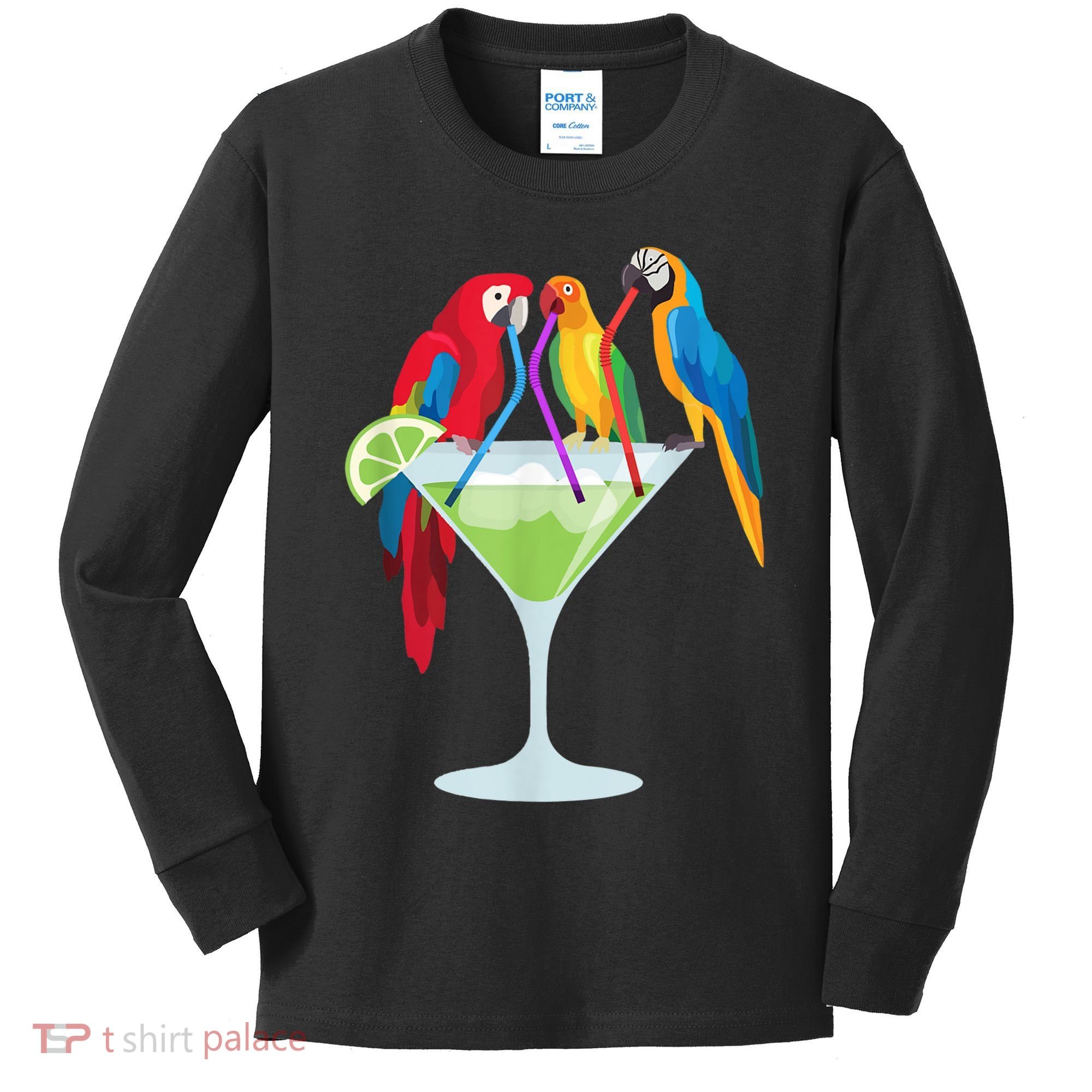 Parrots Drinking Margarita Tropical Vacation Hawaiian Birds Kids Long Sleeve Shirt