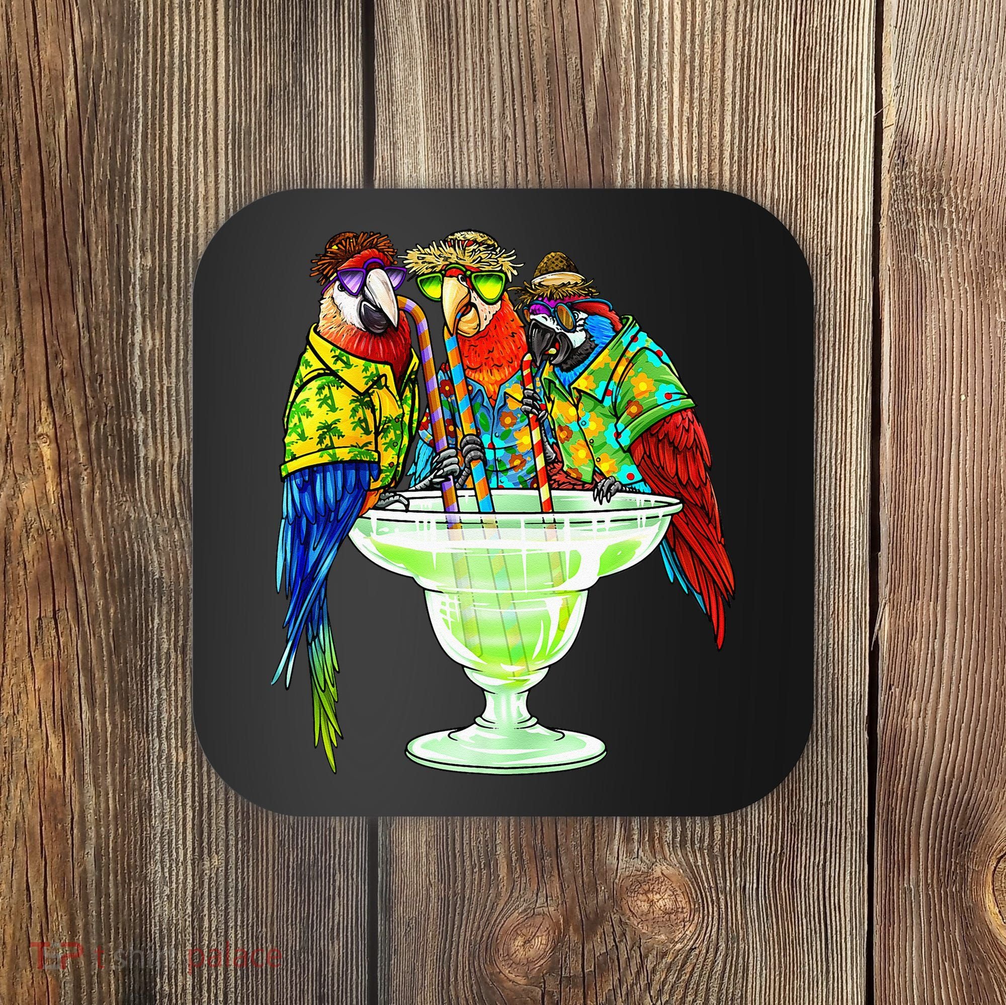 Parrots Drinking Margarita Hawaiian Vacation Birds Coaster