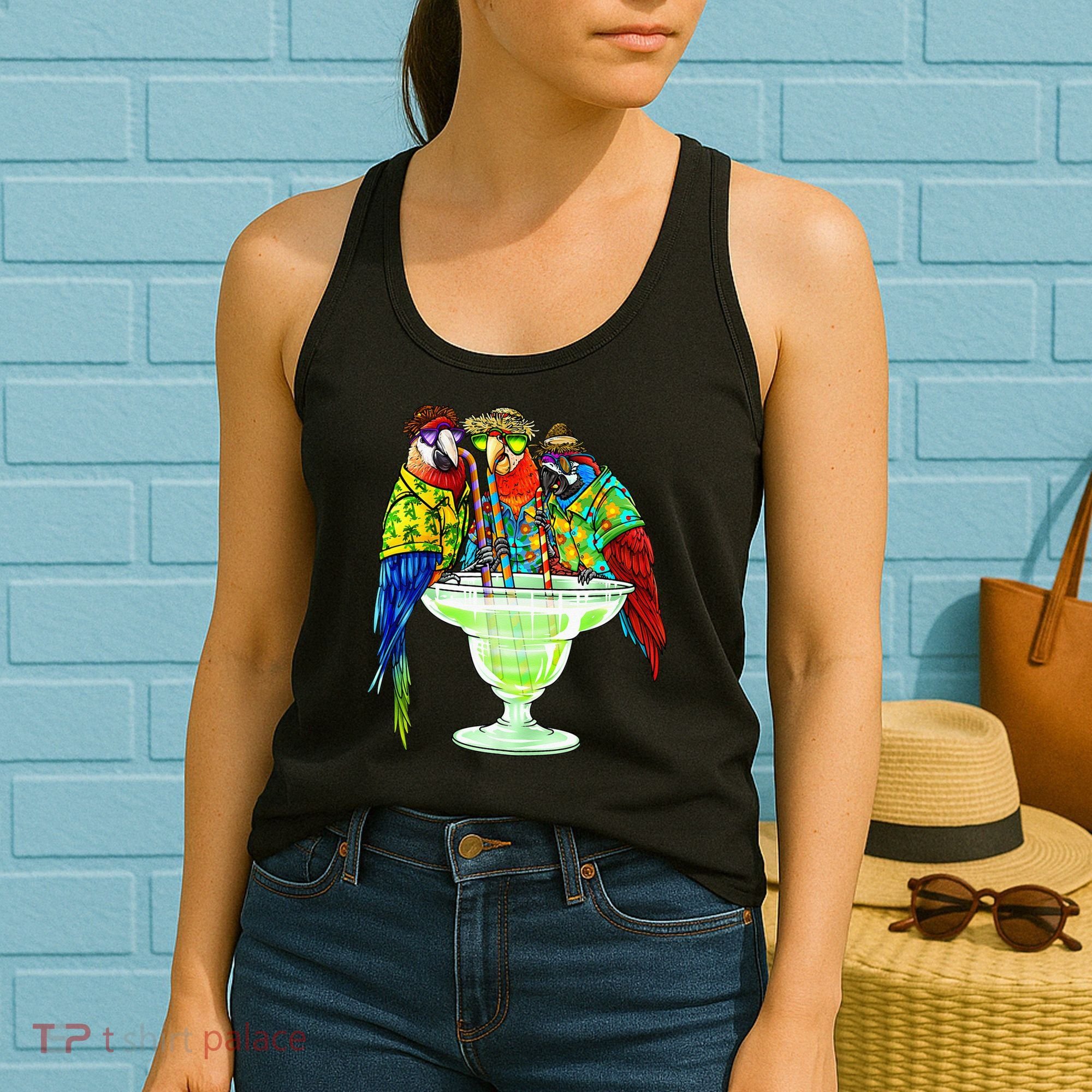 Parrots Drinking Margarita Hawaiian Vacation Birds Women's Tank Top