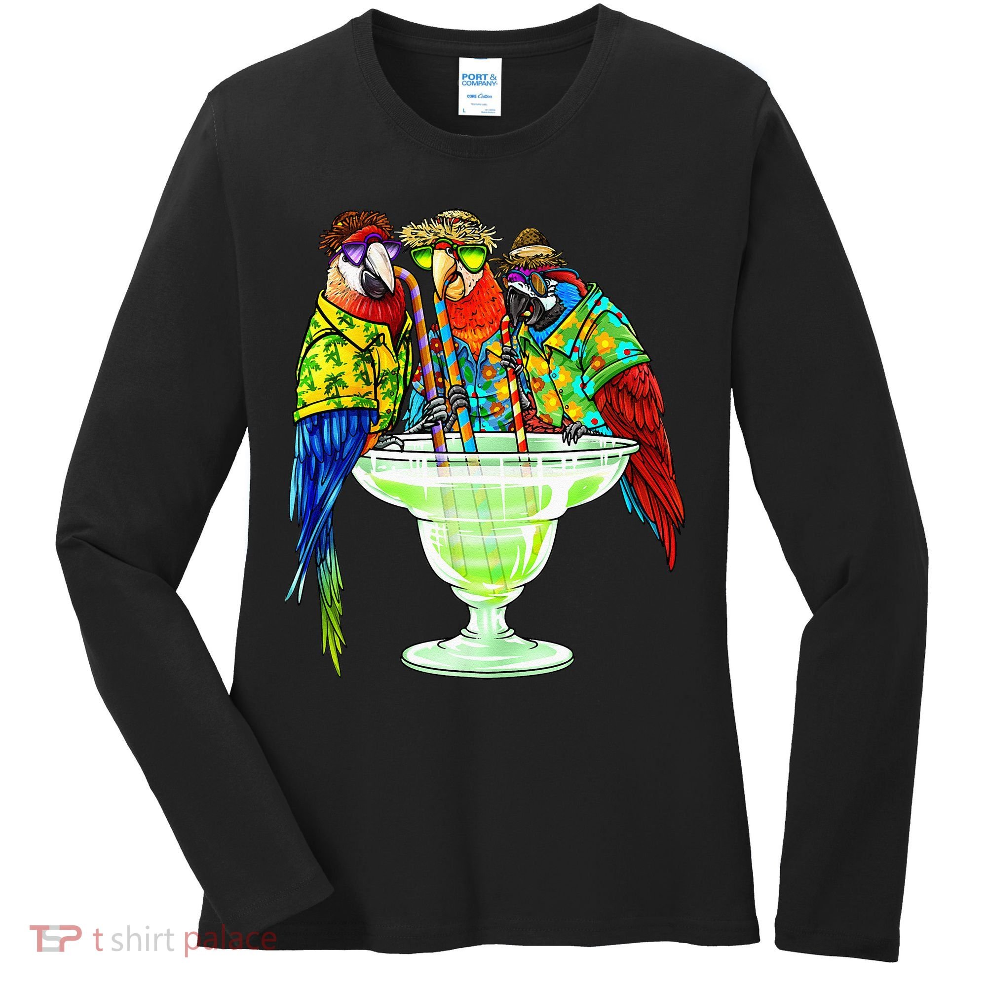 Parrots Drinking Margarita Hawaiian Vacation Birds Women's Long Sleeve Shirt