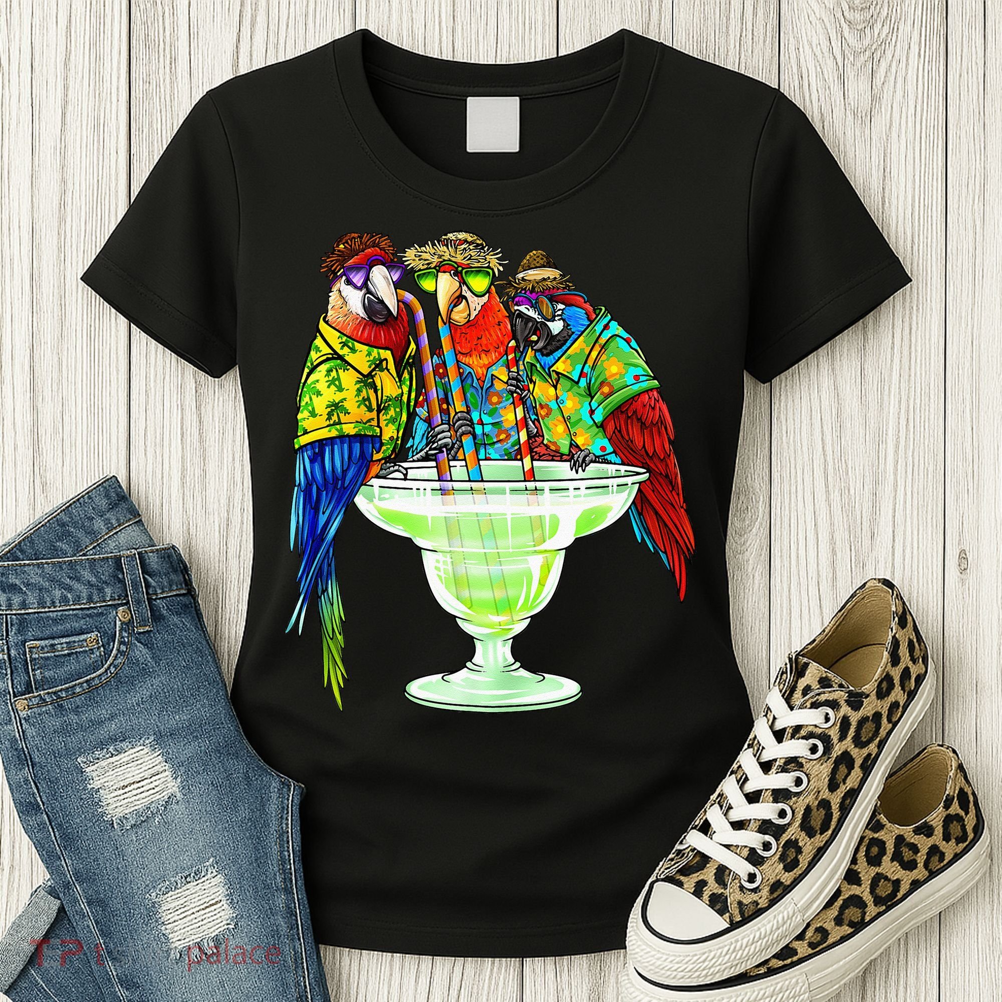 Parrots Drinking Margarita Hawaiian Vacation Birds Women's T-Shirt