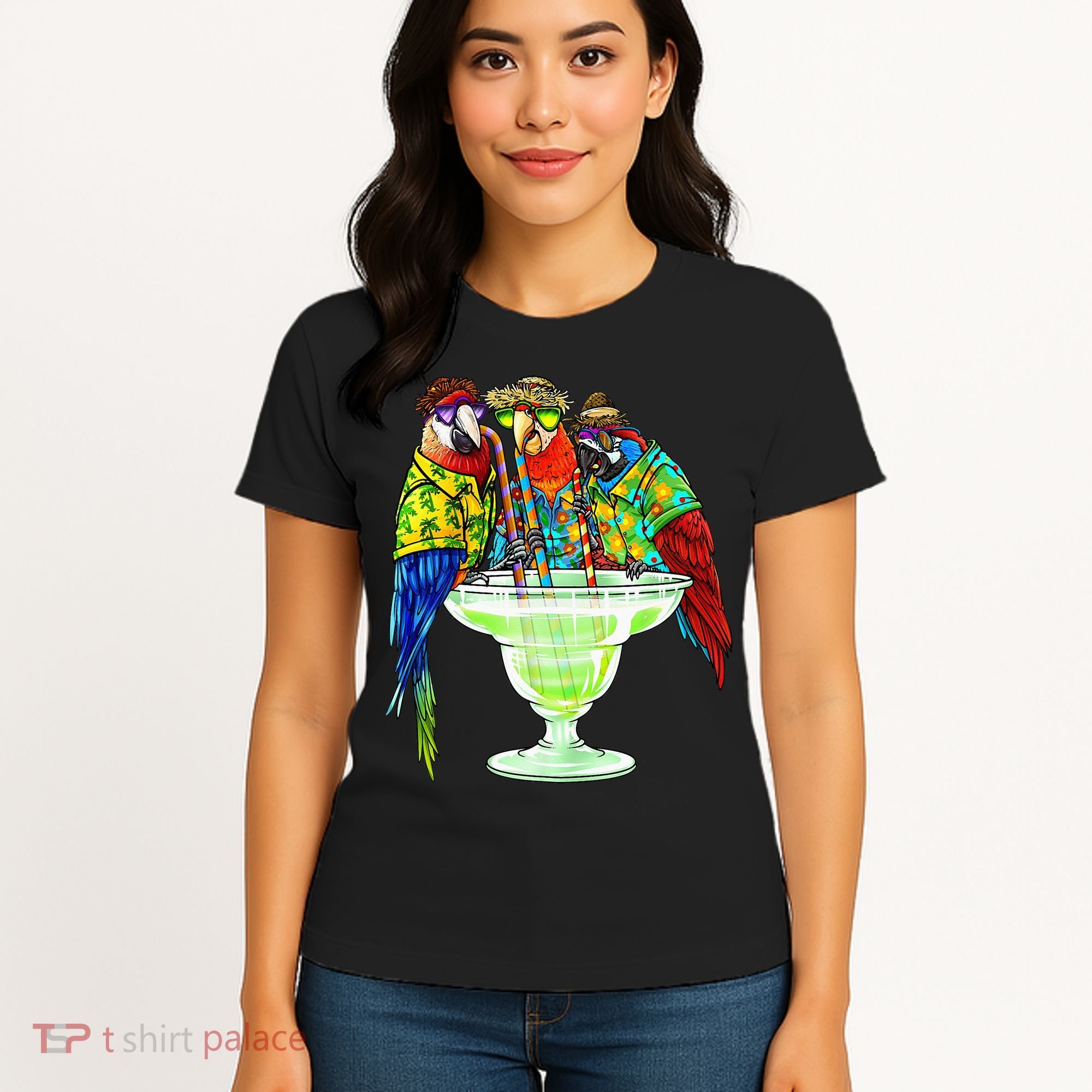 Parrots Drinking Margarita Hawaiian Vacation Birds Women's T-Shirt