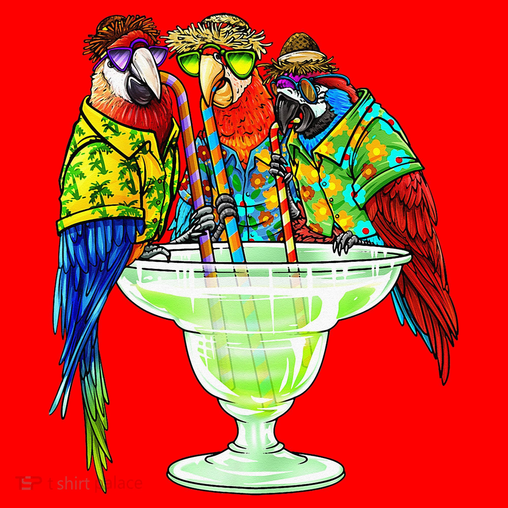 Parrots Drinking Margarita Hawaiian Vacation Birds Santa Hat