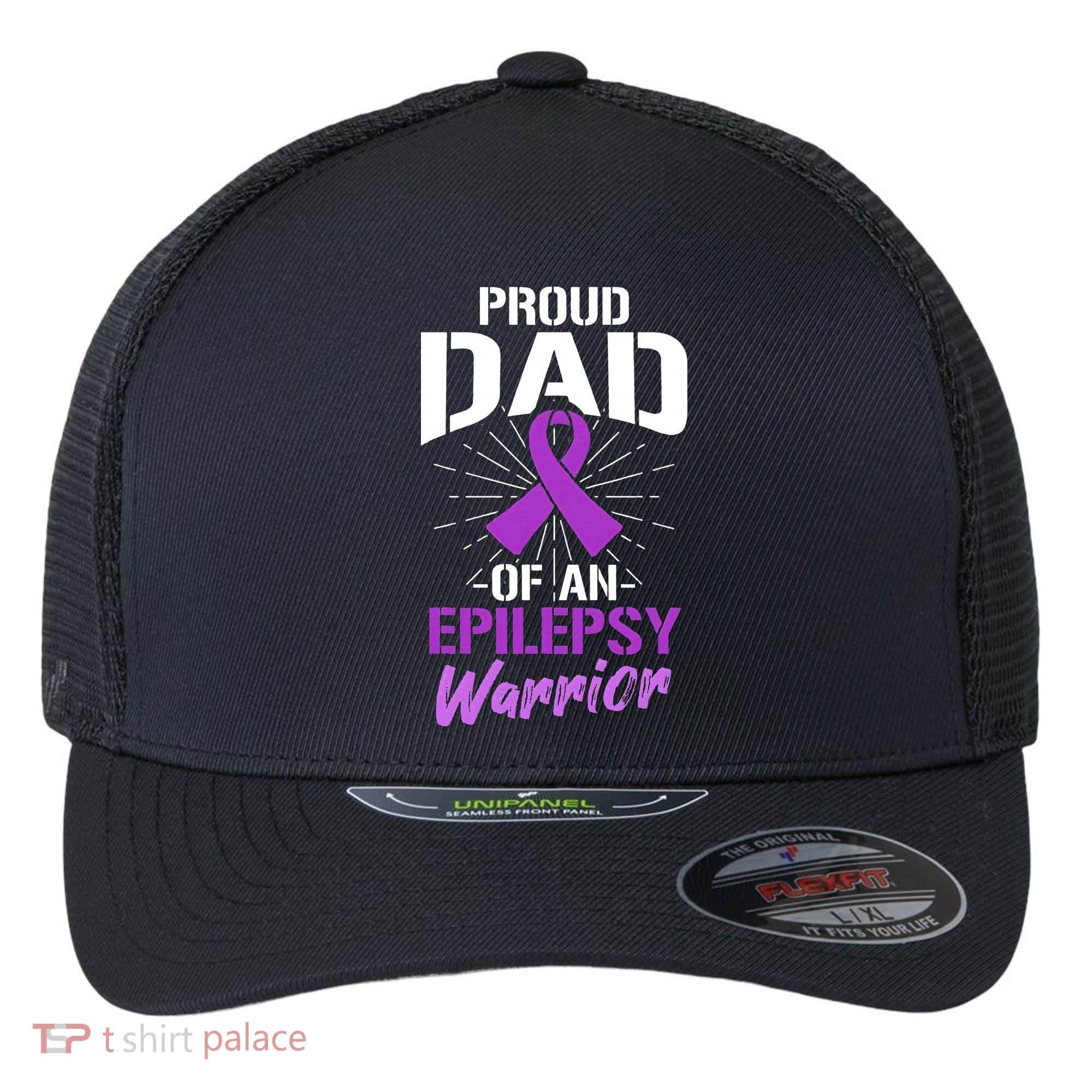 Proud Dad Of An Epilepsy Warrior Supporter Awareness Ribbon Flexfit Unipanel Trucker Cap