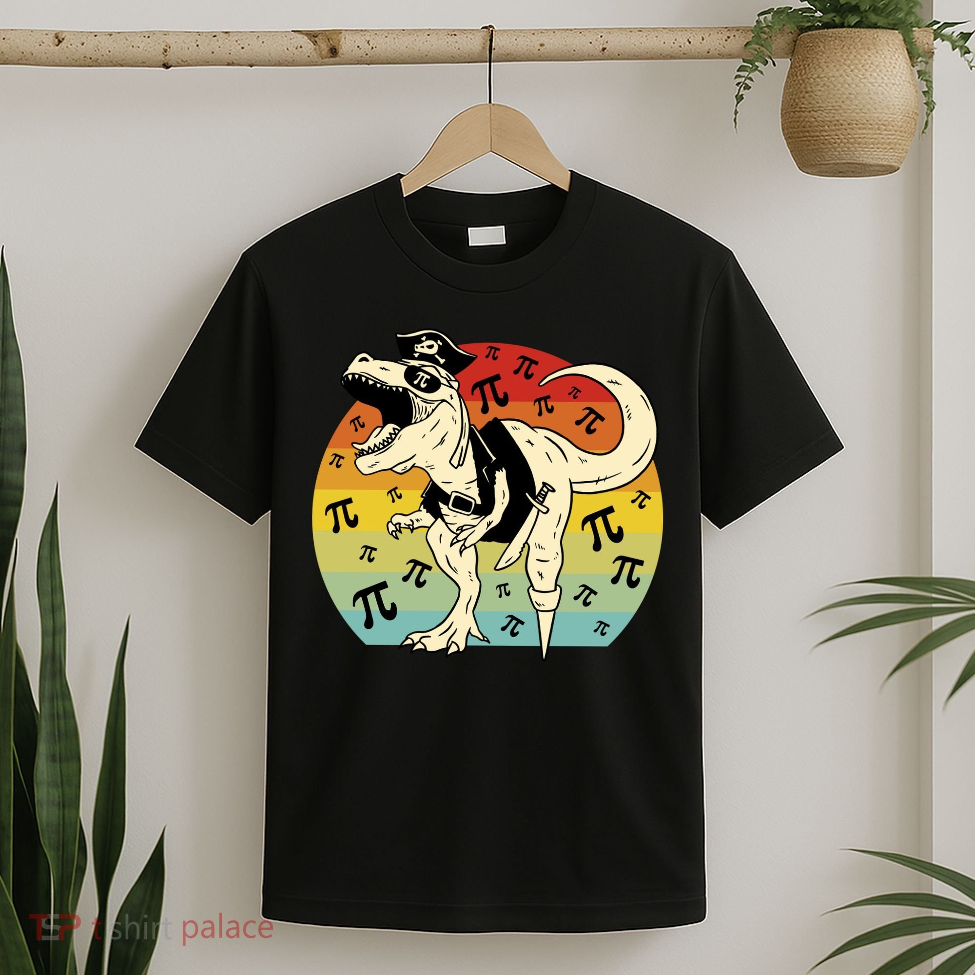 Pirate Dinosaur Retro Sunset Pi Day T-Shirt