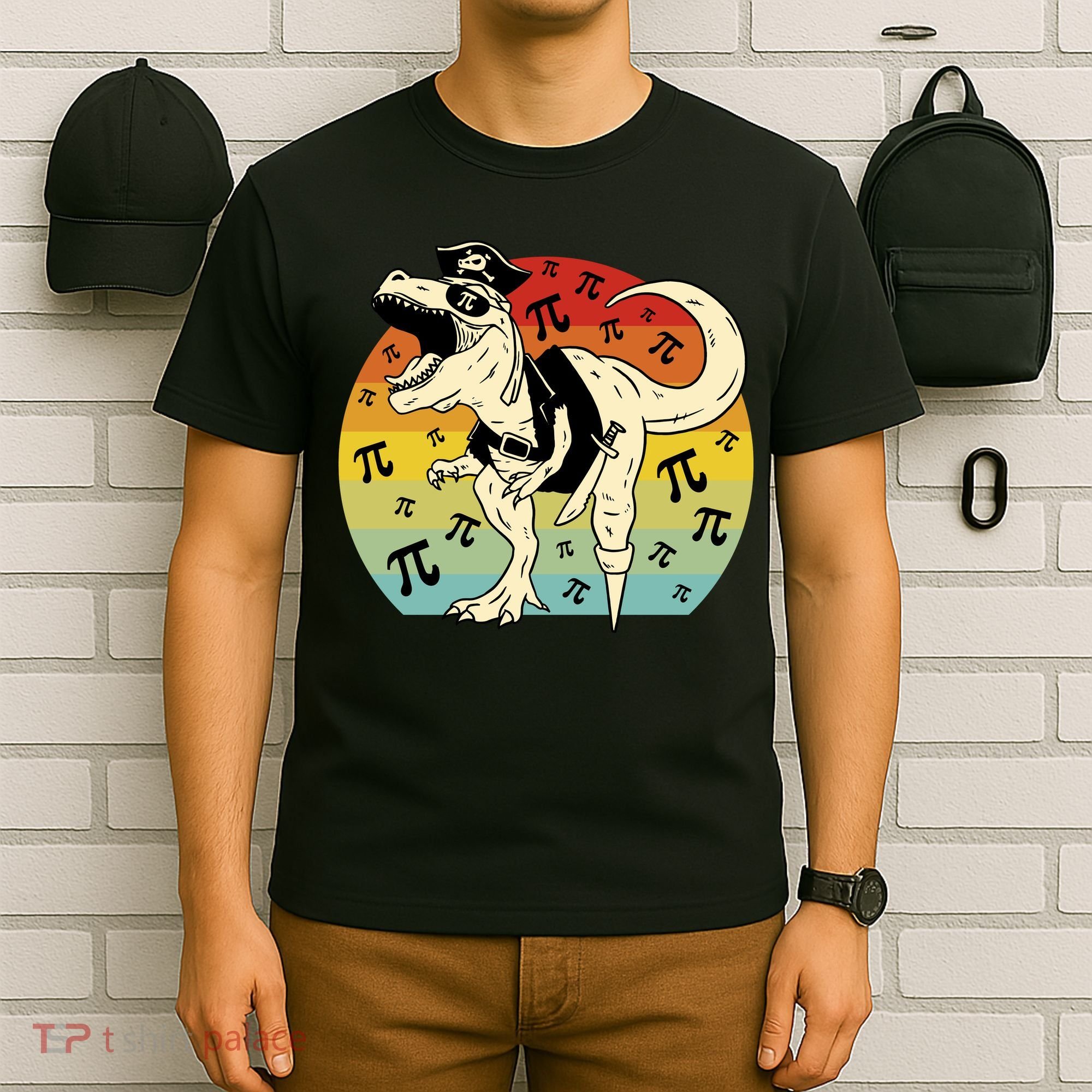 Pirate Dinosaur Retro Sunset Pi Day T-Shirt