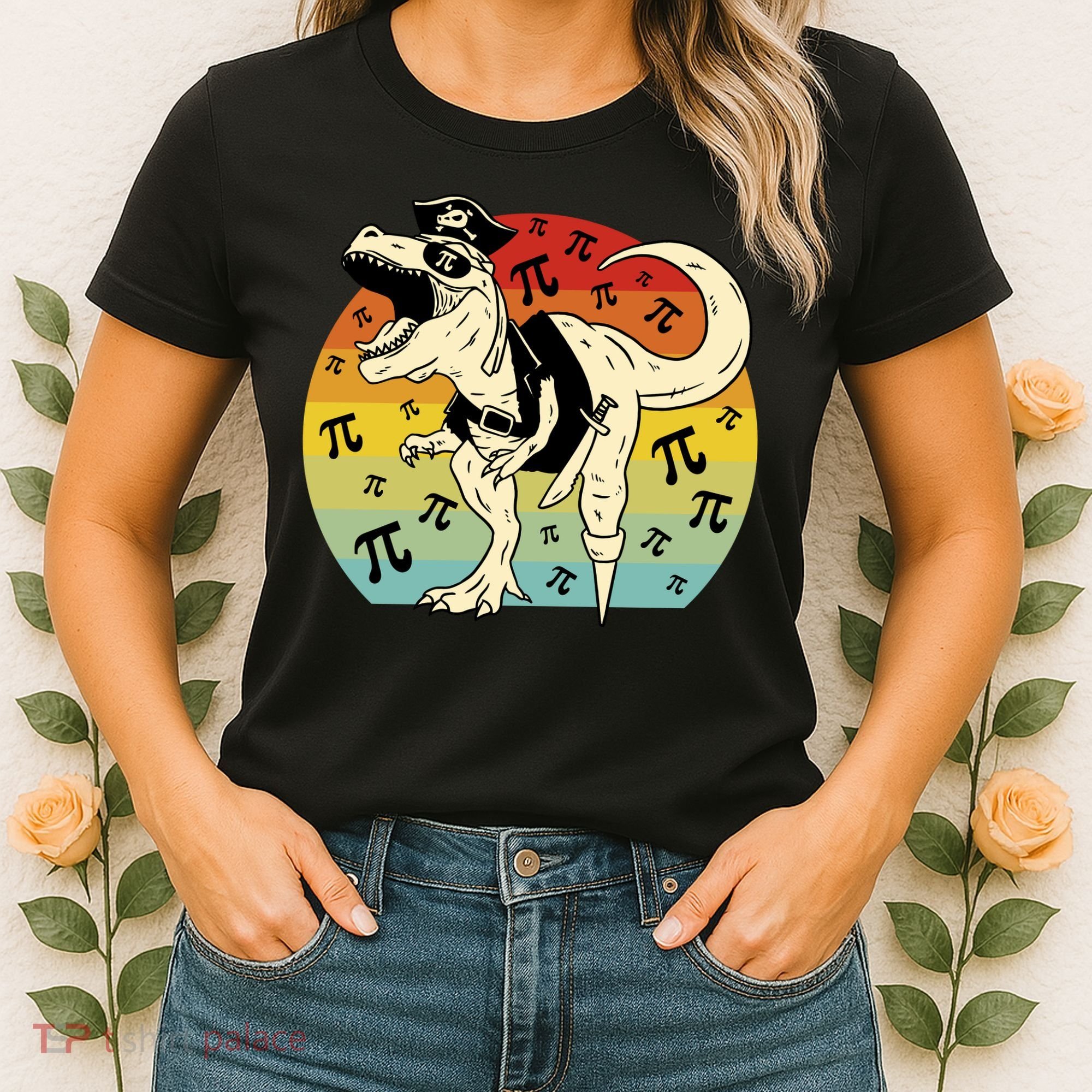 Pirate Dinosaur Retro Sunset Pi Day Women's T-Shirt