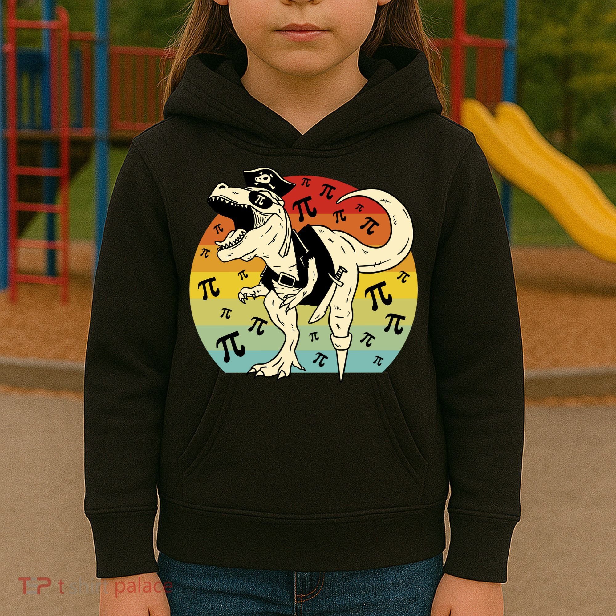 Pirate Dinosaur Retro Sunset Pi Day Kids Hoodie