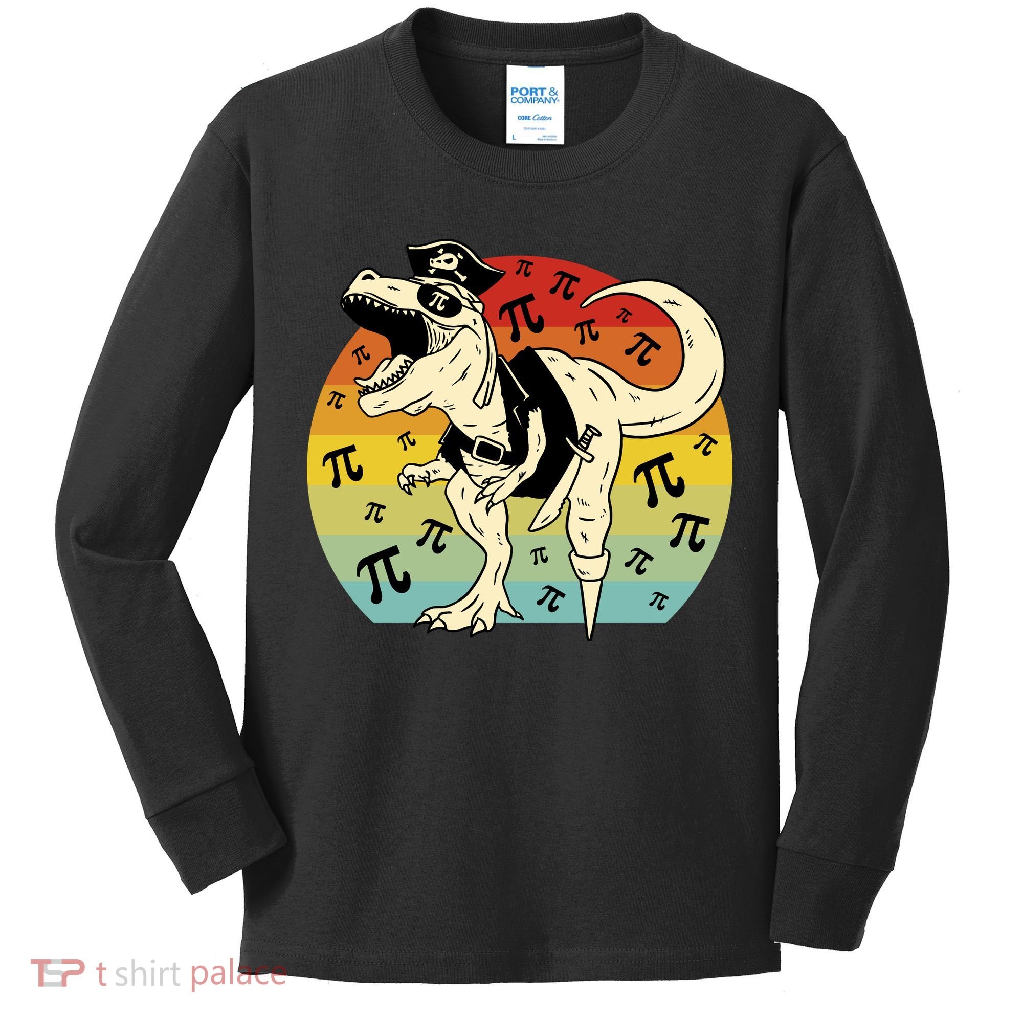 Pirate Dinosaur Retro Sunset Pi Day Kids Long Sleeve Shirt