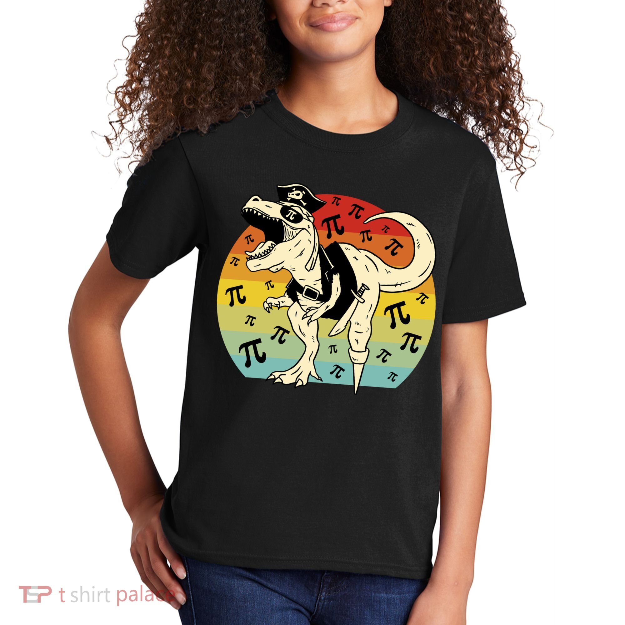 Pirate Dinosaur Retro Sunset Pi Day Kids T-Shirt