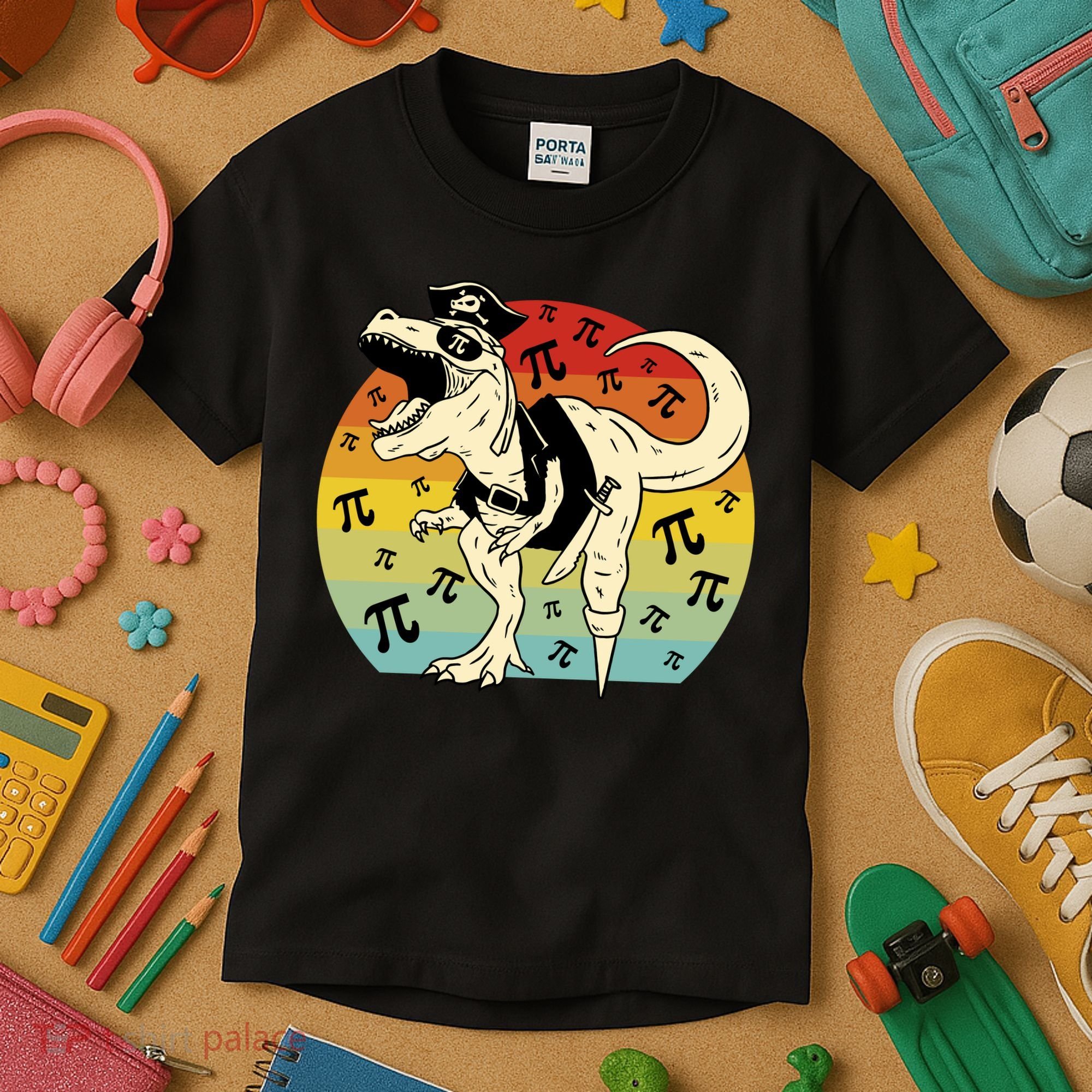 Pirate Dinosaur Retro Sunset Pi Day Kids T-Shirt