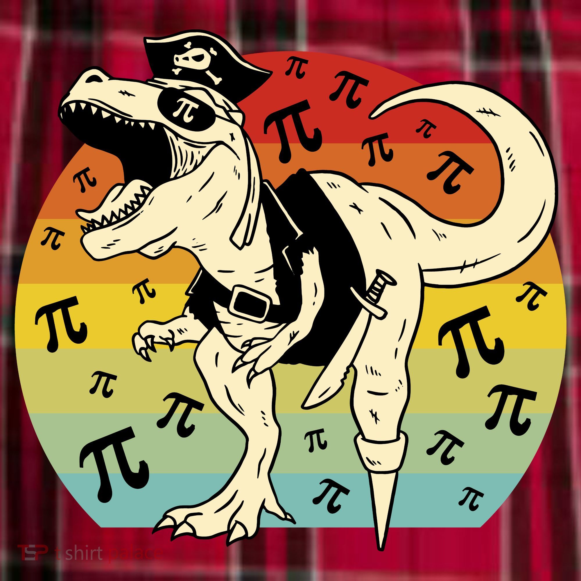 Pirate Dinosaur Retro Sunset Pi Day Men's Flannel Plaid Pajama Pants