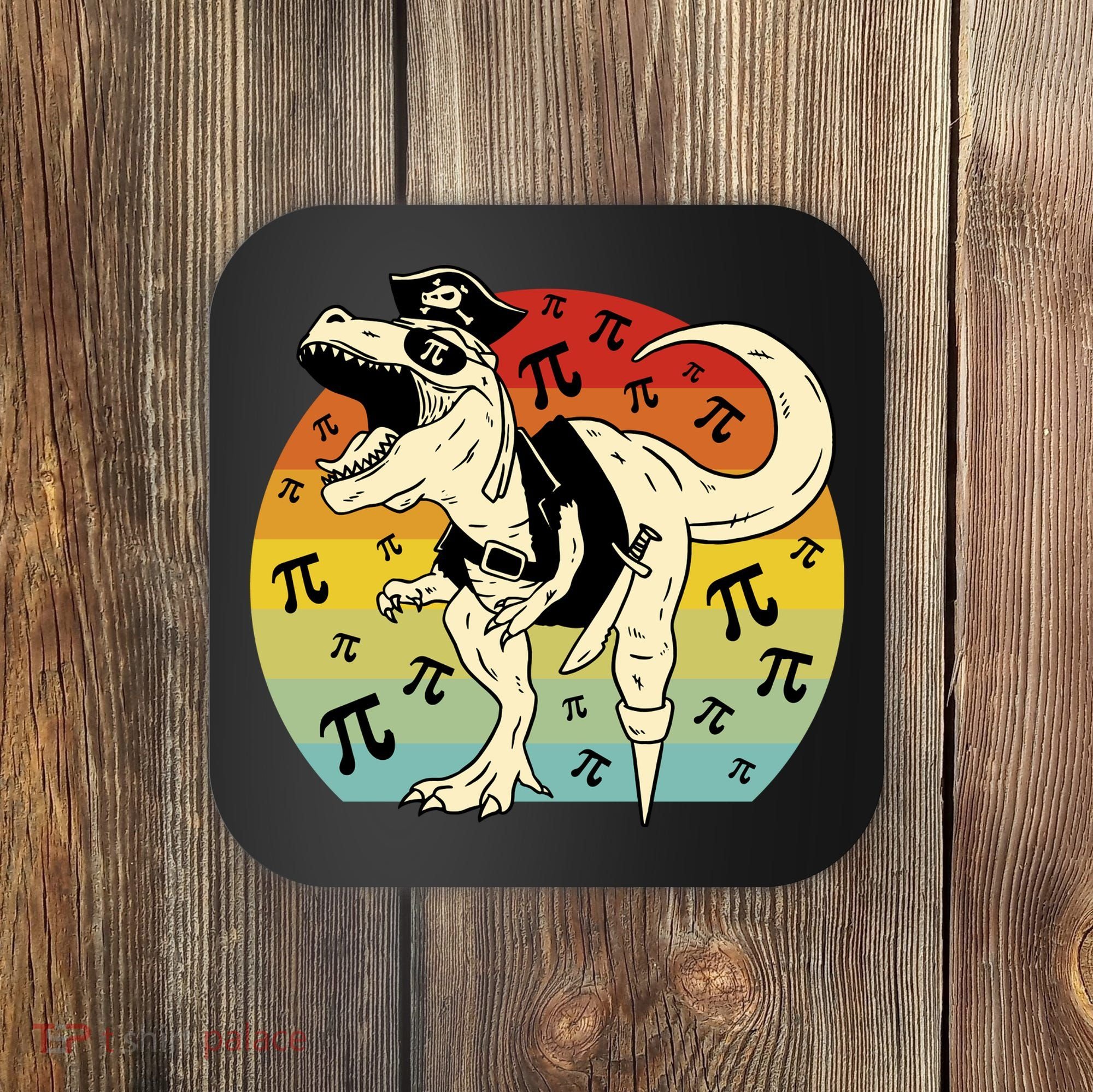 Pirate Dinosaur Retro Sunset Pi 3.14159 Coaster