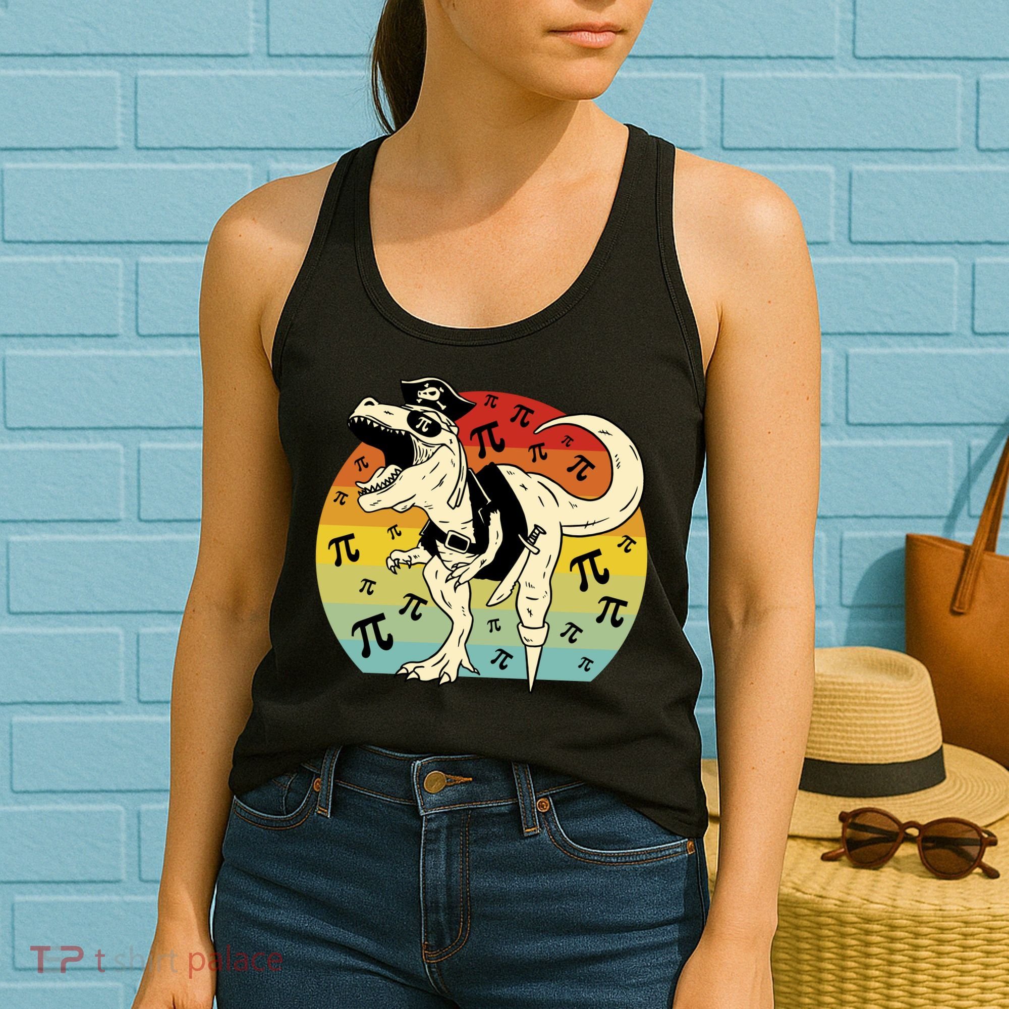 Pirate Dinosaur Retro Sunset Pi 3.14159 Women's Tank Top