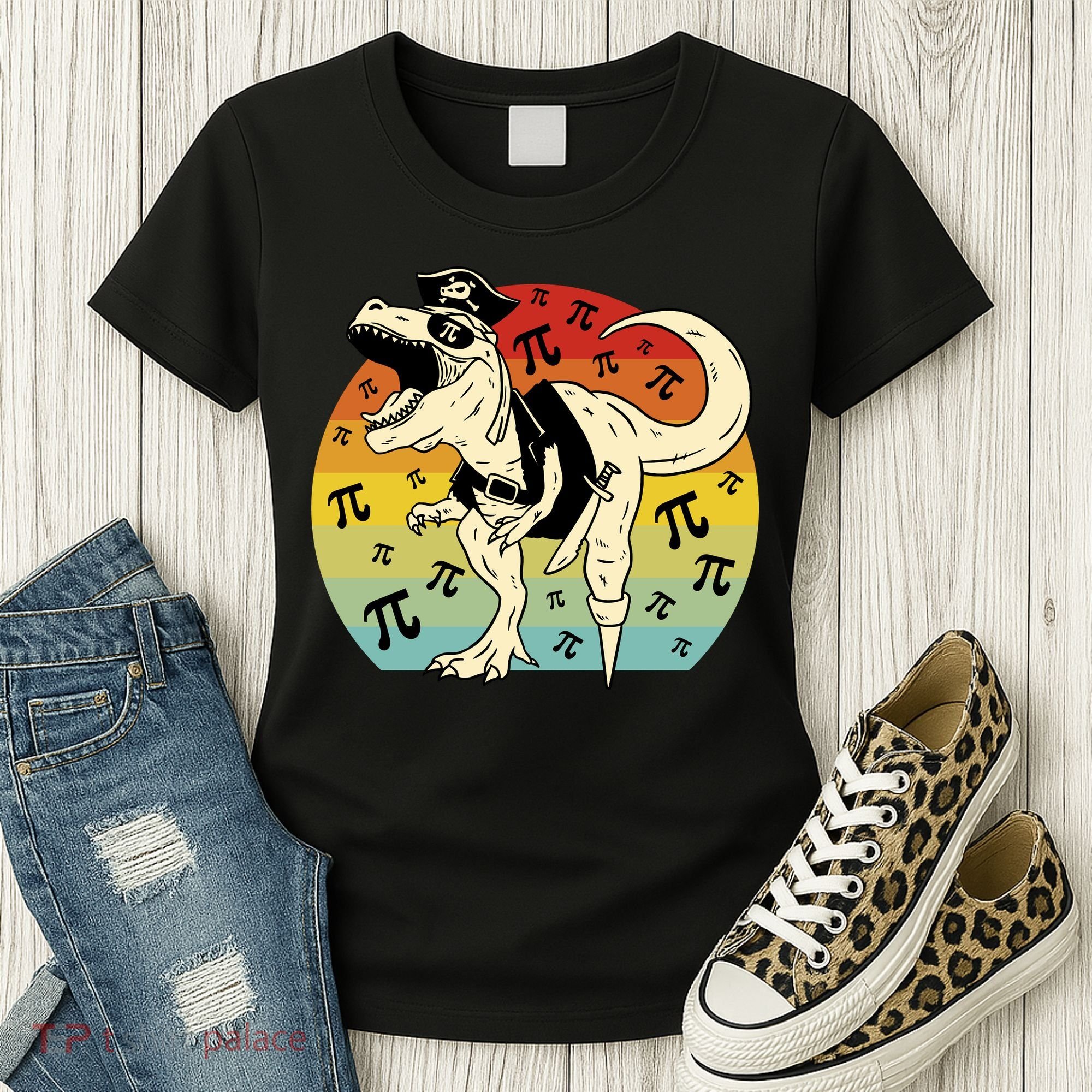 Pirate Dinosaur Retro Sunset Pi 3.14159 Women's T-Shirt