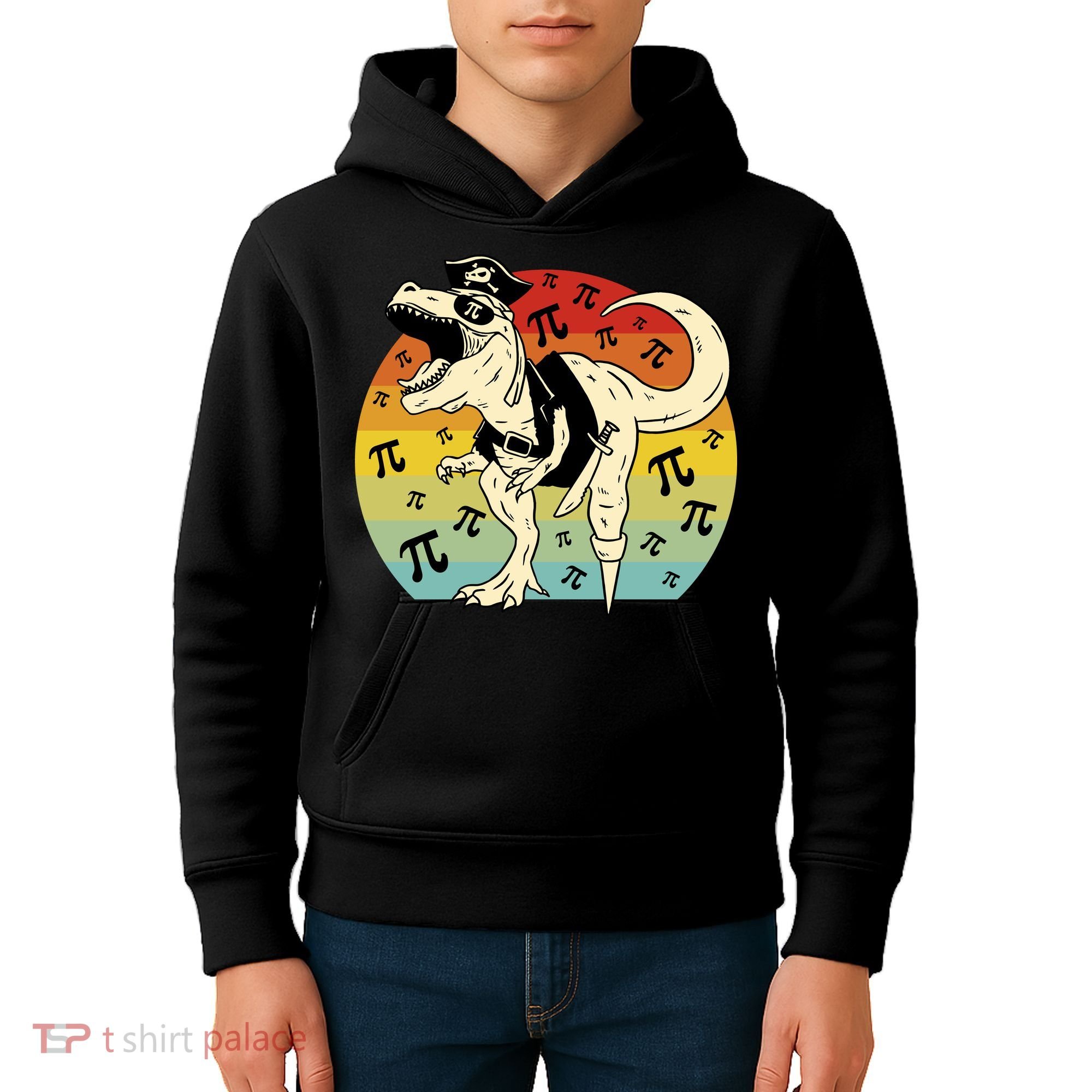 Pirate Dinosaur Retro Sunset Pi 3.14159 Kids Hoodie