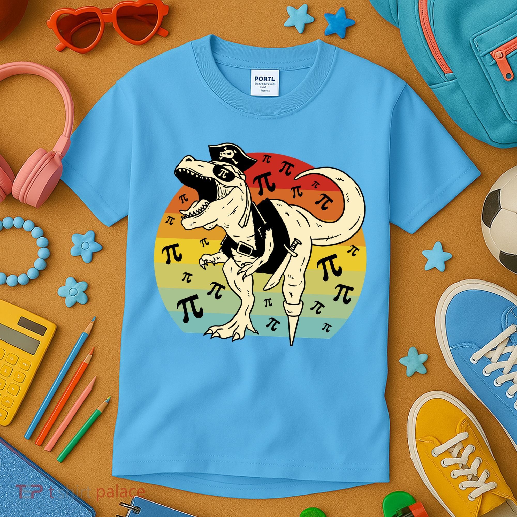 Pirate Dinosaur Retro Sunset Pi 3.14159 Kids T-Shirt