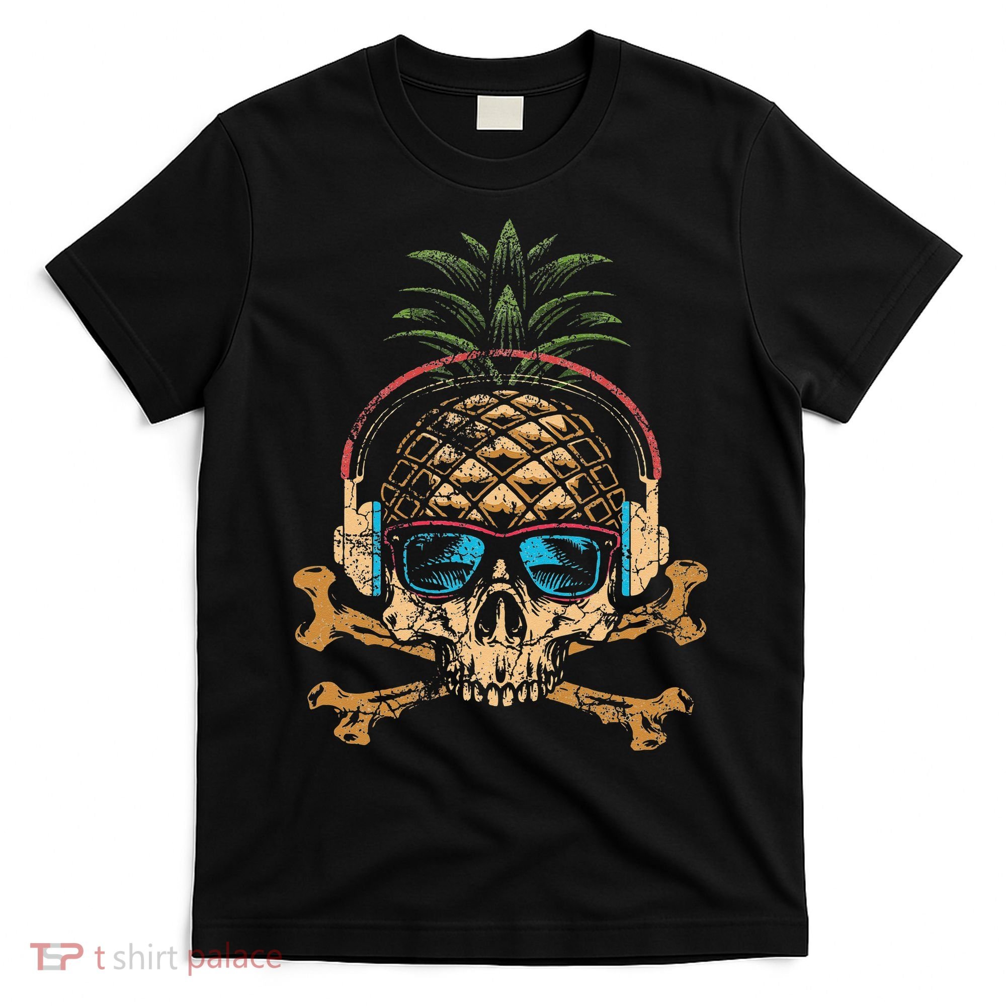 Pineapple DJ Skull Summer Vibes Gamer Hawaiian Sunglasses T-Shirt